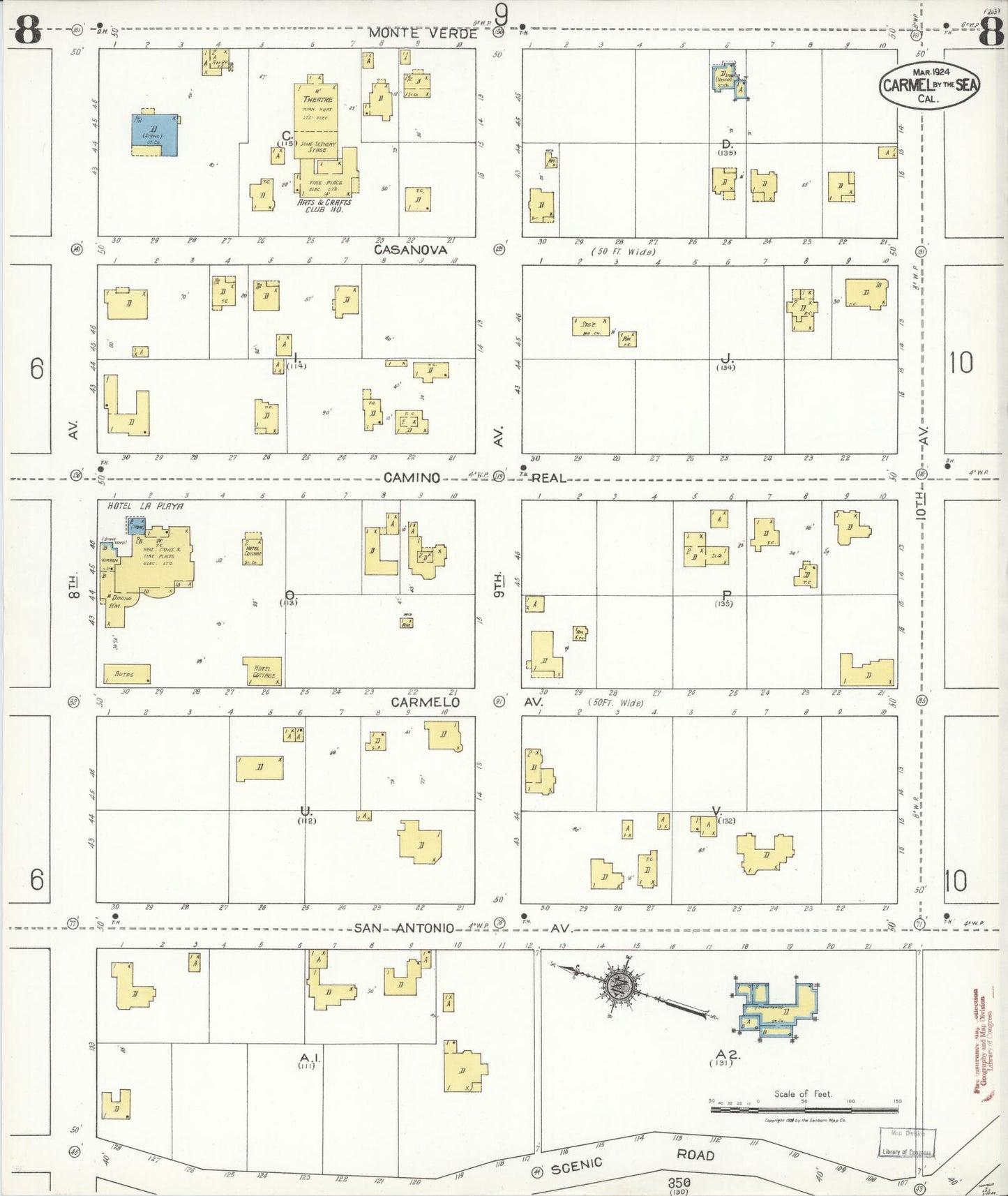 Sanborn Fire Insurance Map from Carmel By The Sea, Monterey County, California (1924), Sheet #0008 - Historic Sanborn Fire Insurance Map Print, vintage old map wall art, antique decor, genealogy gift, California California map