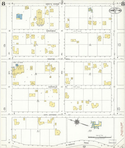 Sanborn Fire Insurance Map from Carmel By The Sea, Monterey County, California (1924), Sheet #0008 - Historic Sanborn Fire Insurance Map Print, vintage old map wall art, antique decor, genealogy gift, California California map