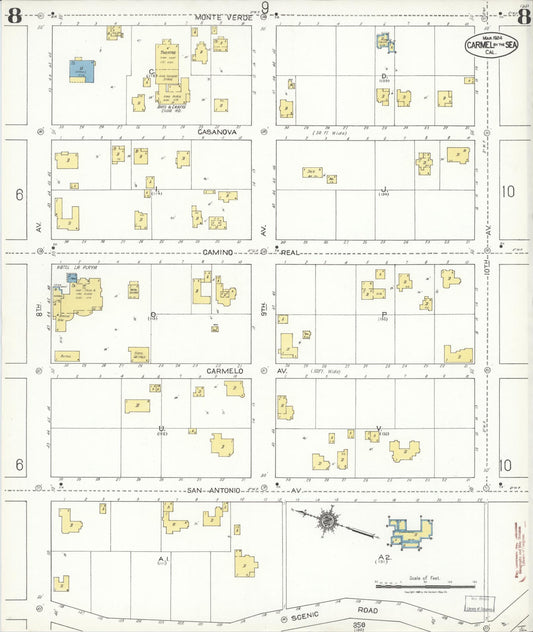 Sanborn Fire Insurance Map from Carmel By The Sea, Monterey County, California (1924), Sheet #0008 - Historic Sanborn Fire Insurance Map Print, vintage old map wall art, antique decor, genealogy gift, California California map