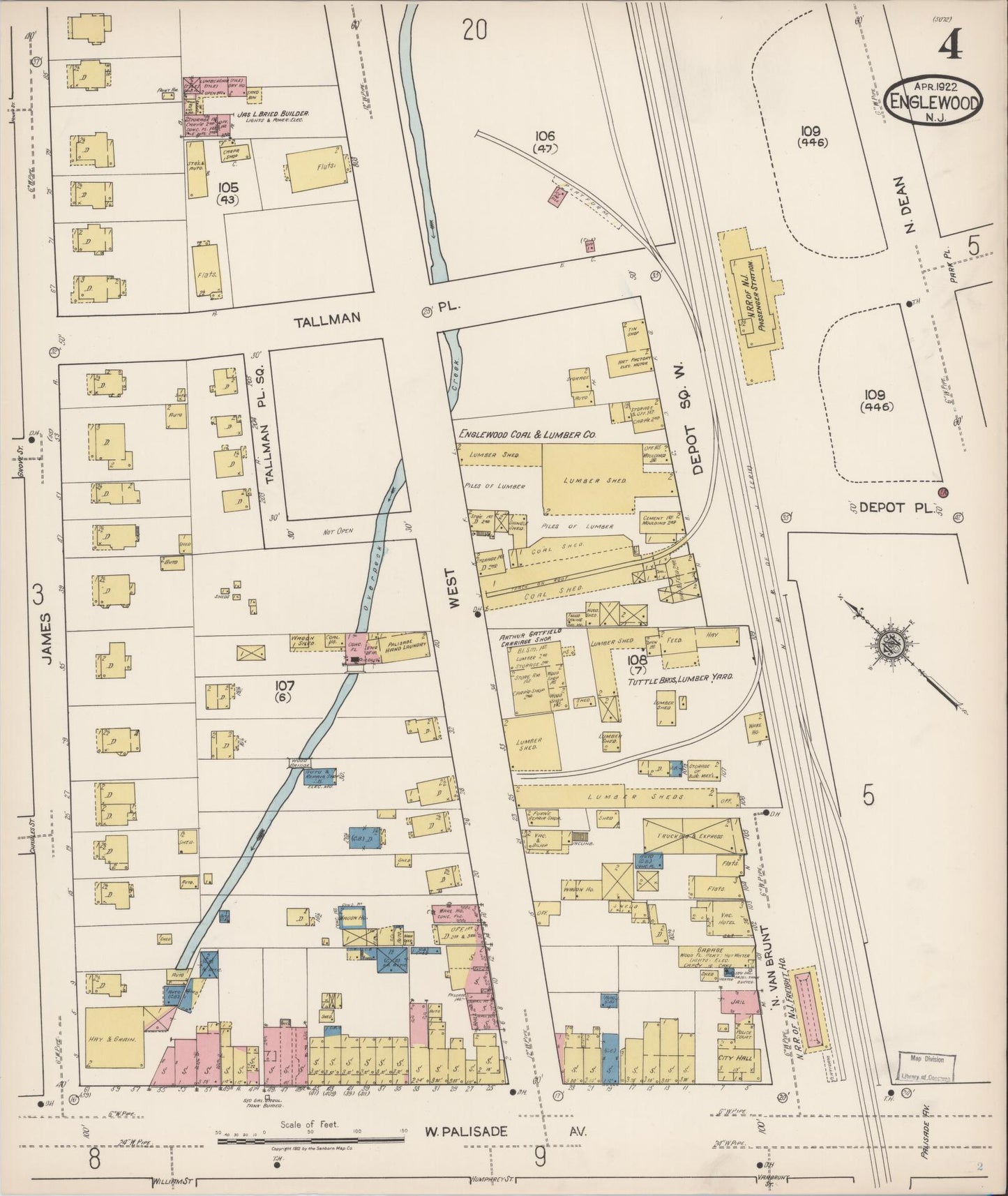 Sanborn Fire Insurance Map from Englewood, Bergen County, New Jersey (1922), Sheet #0004 - Historic Sanborn Fire Insurance Map Print, vintage old map wall art, antique decor, genealogy gift, New Jersey New Jersey map