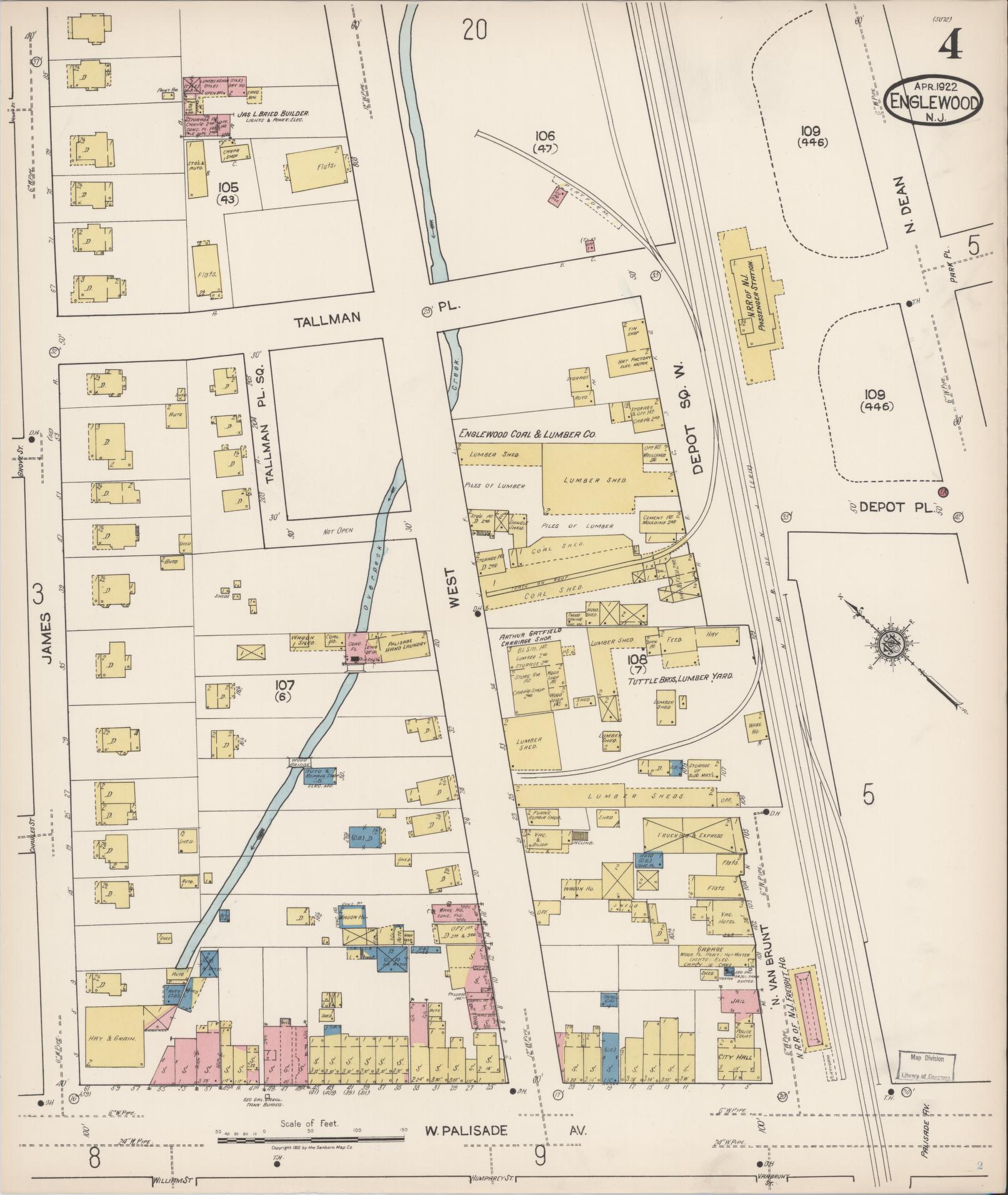 Sanborn Fire Insurance Map from Englewood, Bergen County, New Jersey (1922), Sheet #0004 - Historic Sanborn Fire Insurance Map Print, vintage old map wall art, antique decor, genealogy gift, New Jersey New Jersey map