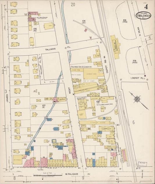 Sanborn Fire Insurance Map from Englewood, Bergen County, New Jersey (1922), Sheet #0004 - Historic Sanborn Fire Insurance Map Print, vintage old map wall art, antique decor, genealogy gift, New Jersey New Jersey map