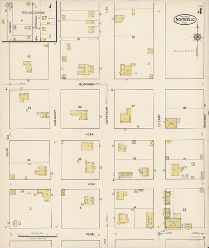 Sanborn Fire Insurance Map from Monticello, Jefferson County, Florida (1922), Sheet #0004 - Historic Sanborn Fire Insurance Map Print, vintage old map wall art, antique decor, genealogy gift, Florida Florida map