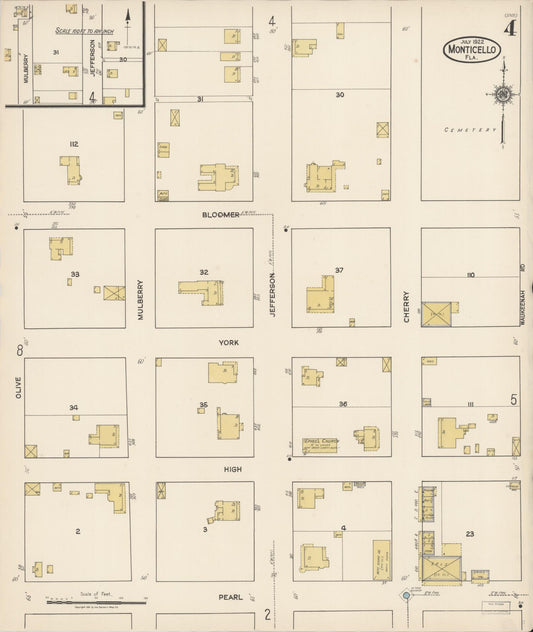 Sanborn Fire Insurance Map from Monticello, Jefferson County, Florida (1922), Sheet #0004 - Historic Sanborn Fire Insurance Map Print, vintage old map wall art, antique decor, genealogy gift, Florida Florida map