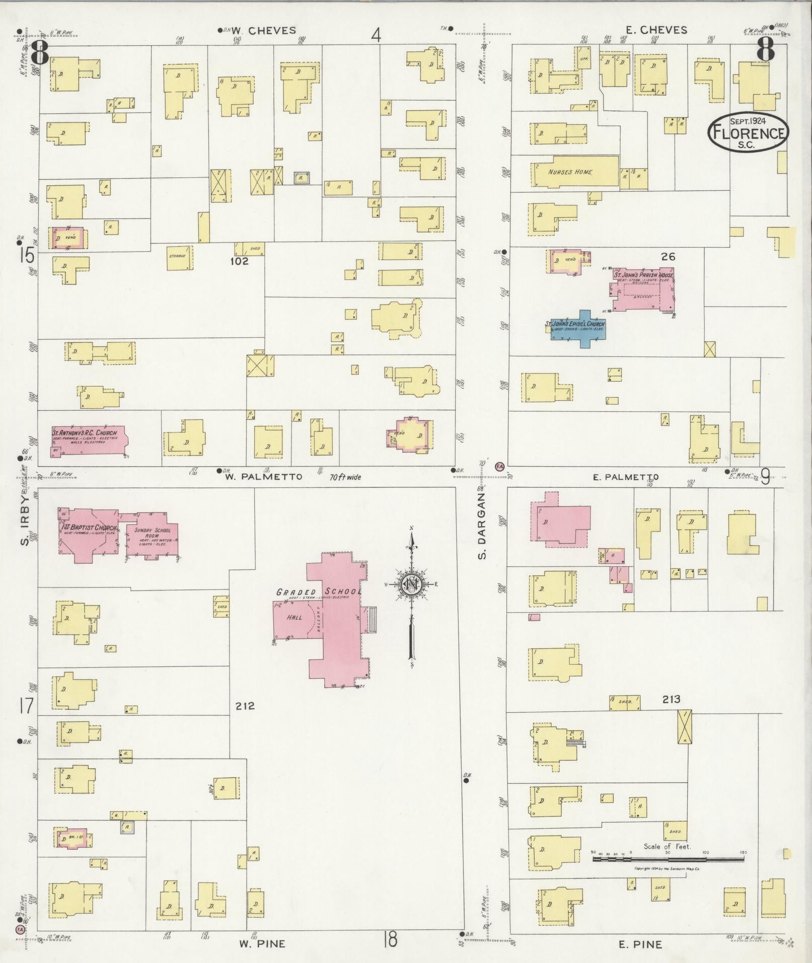 Sanborn Fire Insurance Map from Florence, Florence County, South Carolina (1924), Sheet #0008 - Complete Map Set gallery image, historic Sanborn map, vintage wall art, South Carolina South Carolina