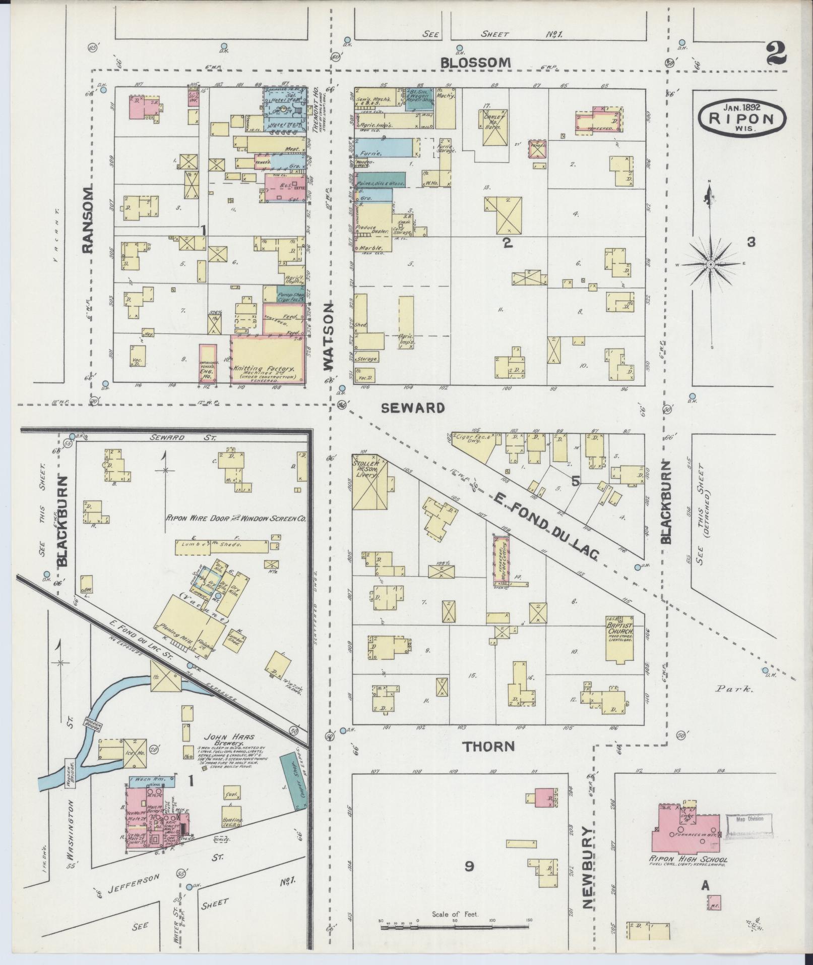 Sanborn Fire Insurance Map from Ripon, Fond du Lac County, Wisconsin (1892), Sheet #0002 - Complete Map Set gallery image, historic Sanborn map, vintage wall art, Wisconsin Wisconsin