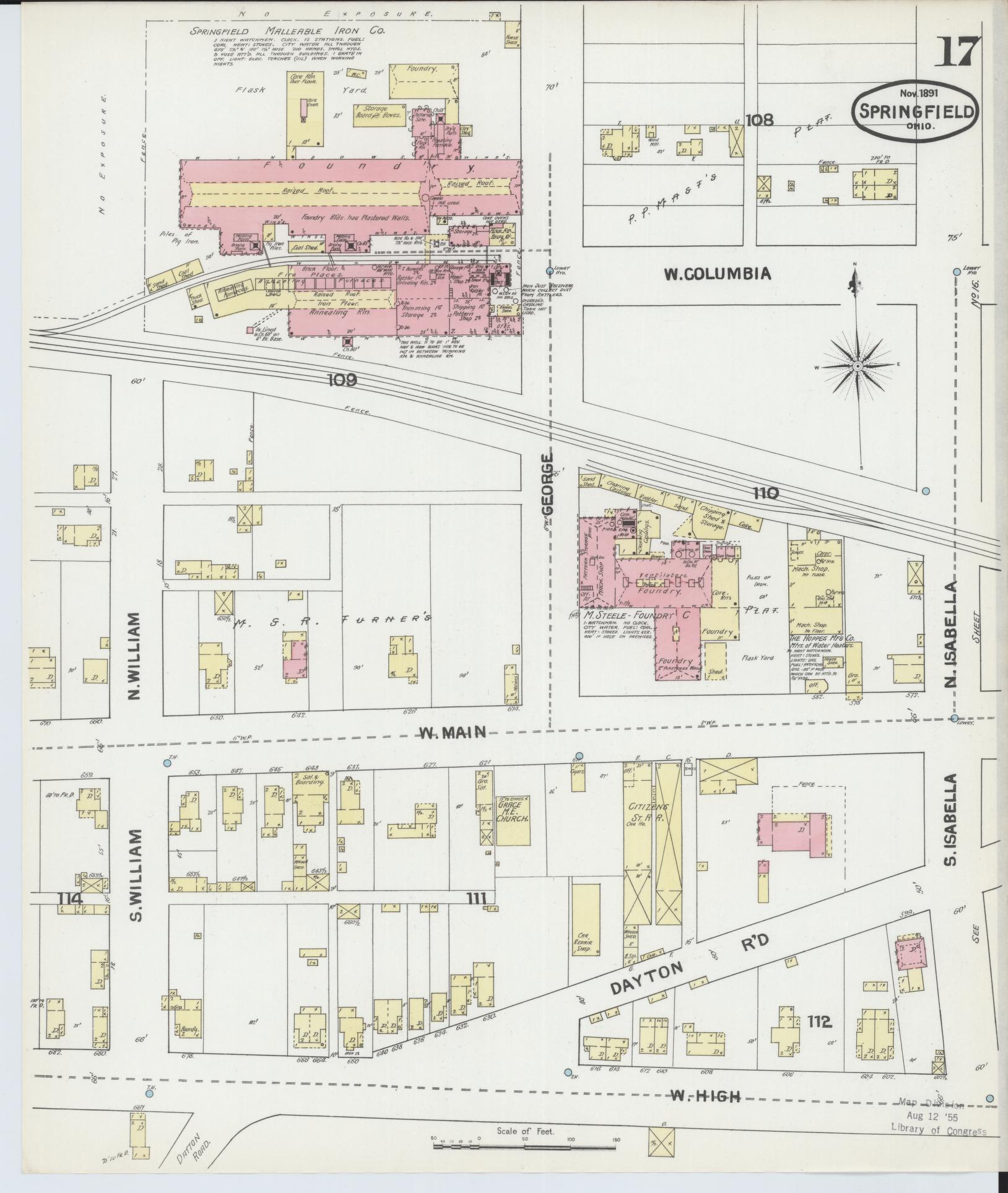 Sanborn Fire Insurance Map from Springfield, Clark County, Ohio (1891), Sheet #0017 - Historic Sanborn Fire Insurance Map Print, vintage old map wall art, antique decor, genealogy gift, Ohio Ohio map
