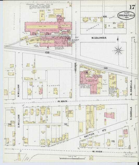 Sanborn Fire Insurance Map from Springfield, Clark County, Ohio (1891), Sheet #0017 - Historic Sanborn Fire Insurance Map Print, vintage old map wall art, antique decor, genealogy gift, Ohio Ohio map
