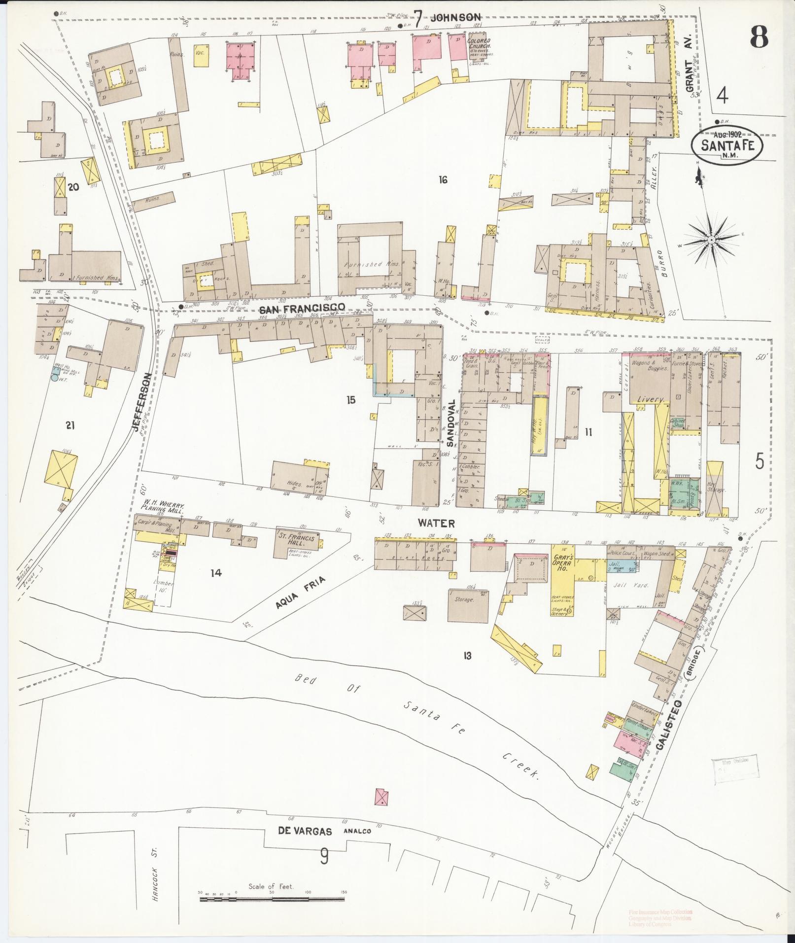 Sanborn Fire Insurance Map from Santa Fe, Santa Fe County, New Mexico (1902), Sheet #0008 - Historic Sanborn Fire Insurance Map Print, vintage old map wall art, antique decor, genealogy gift, New Mexico New Mexico map