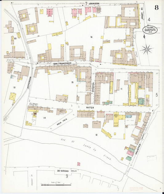 Sanborn Fire Insurance Map from Santa Fe, Santa Fe County, New Mexico (1902), Sheet #0008 - Historic Sanborn Fire Insurance Map Print, vintage old map wall art, antique decor, genealogy gift, New Mexico New Mexico map