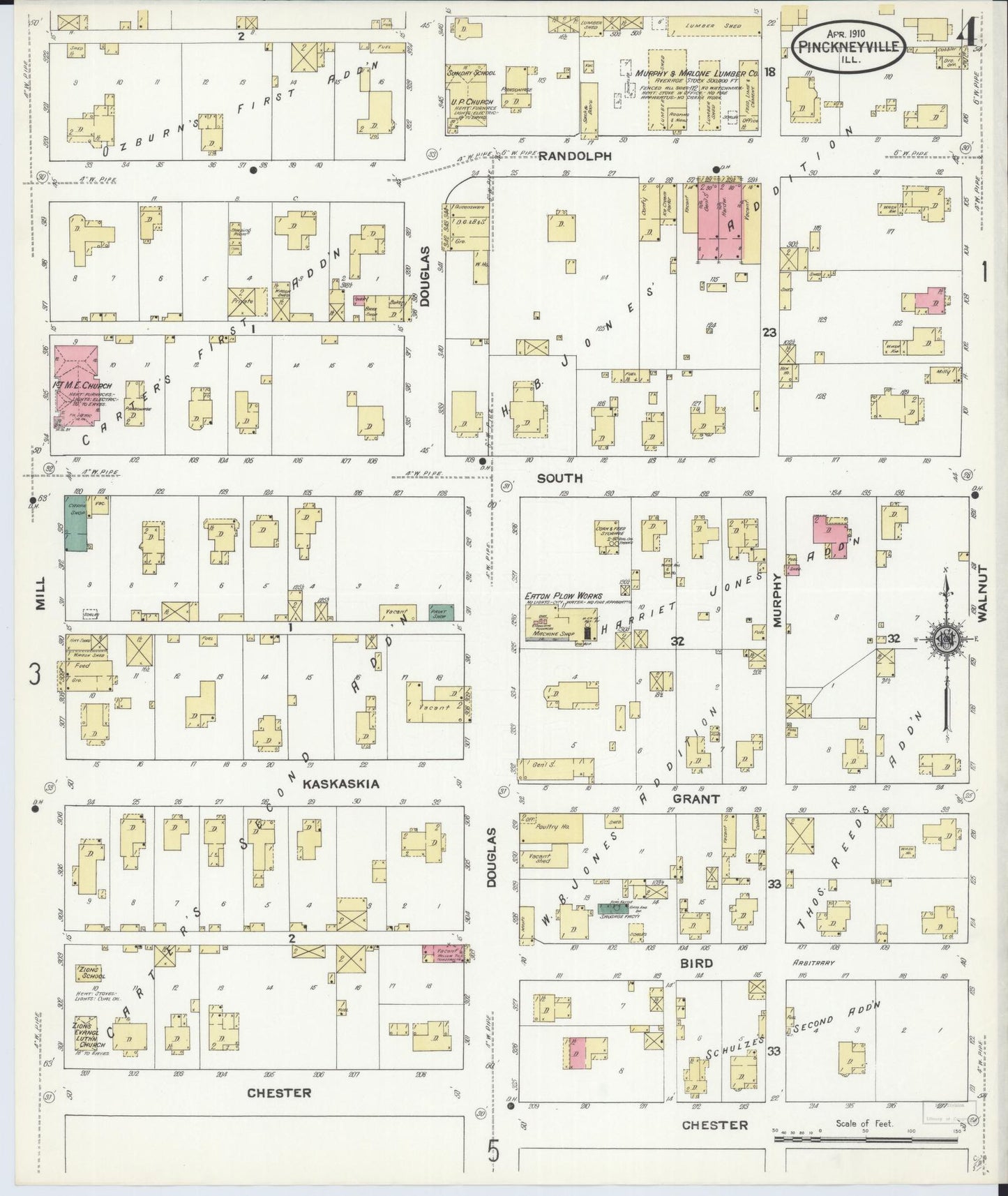 Sanborn Fire Insurance Map from Pinckneyville, Perry County, Illinois (1910), Sheet #0004 - Historic Sanborn Fire Insurance Map Print, vintage old map wall art, antique decor, genealogy gift, Illinois Illinois map