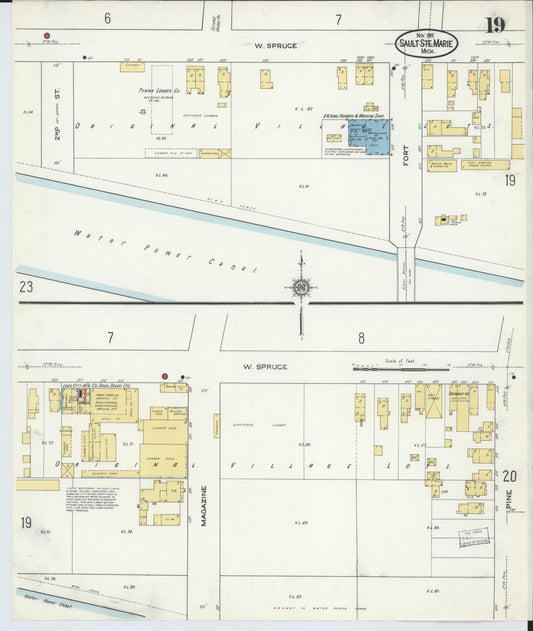 Sanborn Fire Insurance Map from Sault Sainte Marie, Chippewa County, Michigan (1915), Sheet #0019 - Historic Sanborn Fire Insurance Map Print, vintage old map wall art, antique decor, genealogy gift, Michigan Michigan map