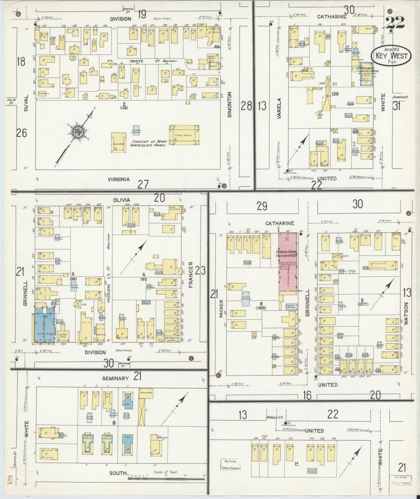 Sanborn Fire Insurance Map from Key West, Monroe County, Florida (1912), Sheet #0022 - Historic Sanborn Fire Insurance Map Print, vintage old map wall art, antique decor, genealogy gift, Florida Florida map
