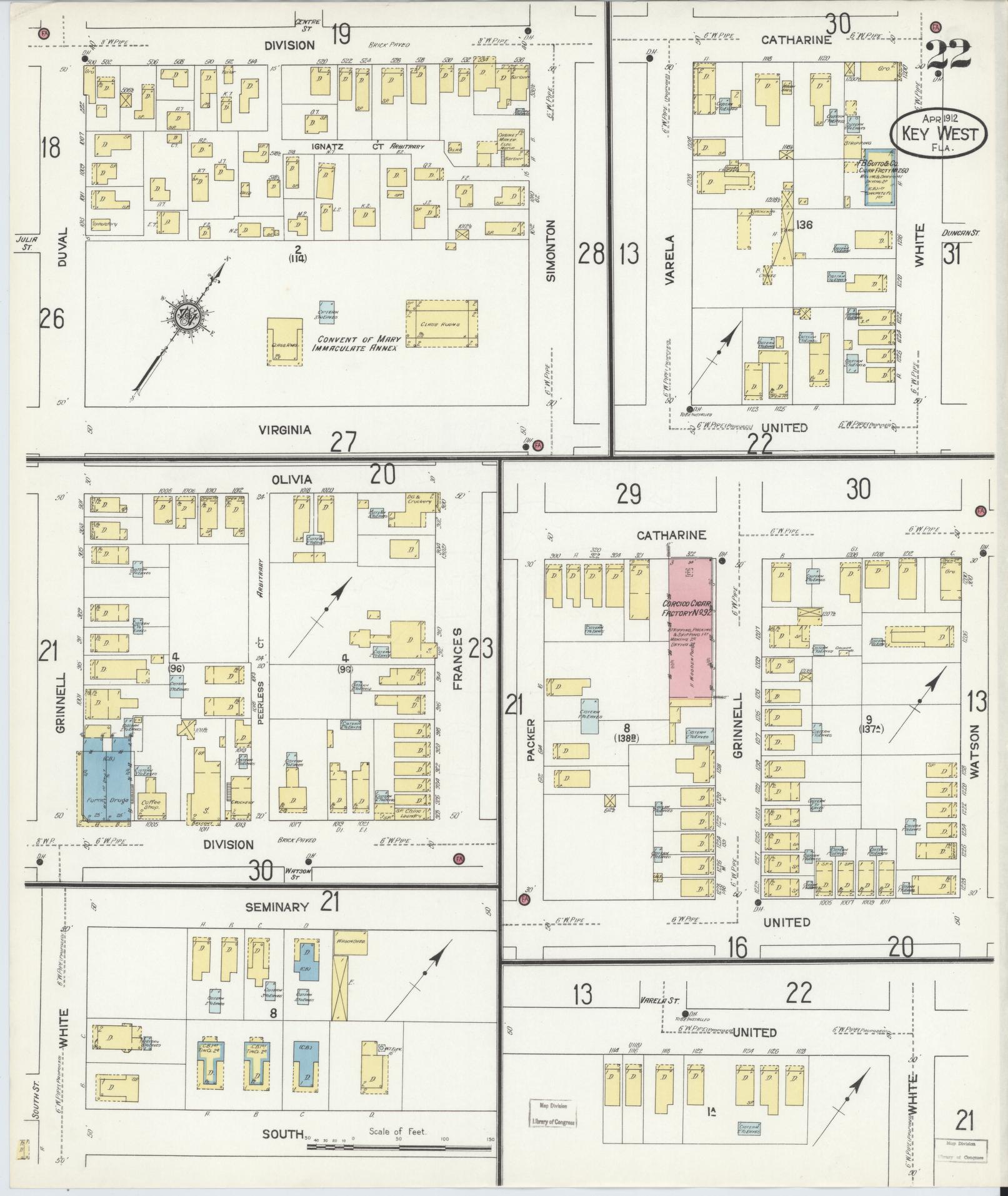 Sanborn Fire Insurance Map from Key West, Monroe County, Florida (1912), Sheet #0022 - Historic Sanborn Fire Insurance Map Print, vintage old map wall art, antique decor, genealogy gift, Florida Florida map