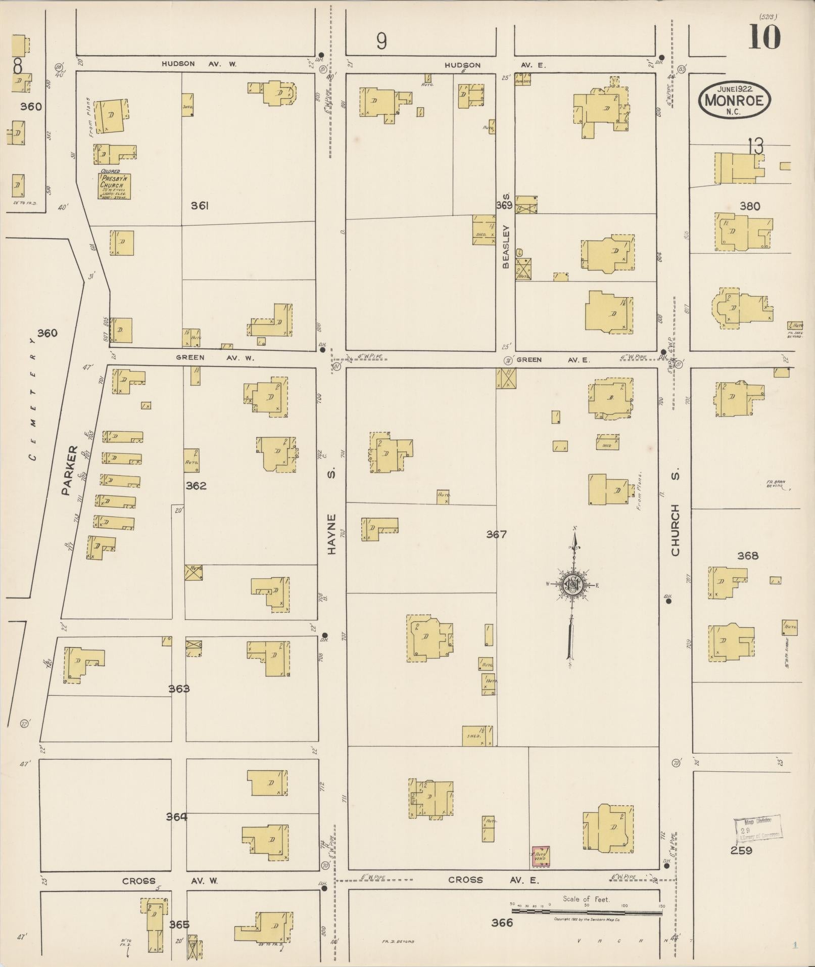 Sanborn Fire Insurance Map from Monroe, Union County, North Carolina (1922), Sheet #0010 - Historic Sanborn Fire Insurance Map Print, vintage old map wall art, antique decor, genealogy gift, North Carolina North Carolina map