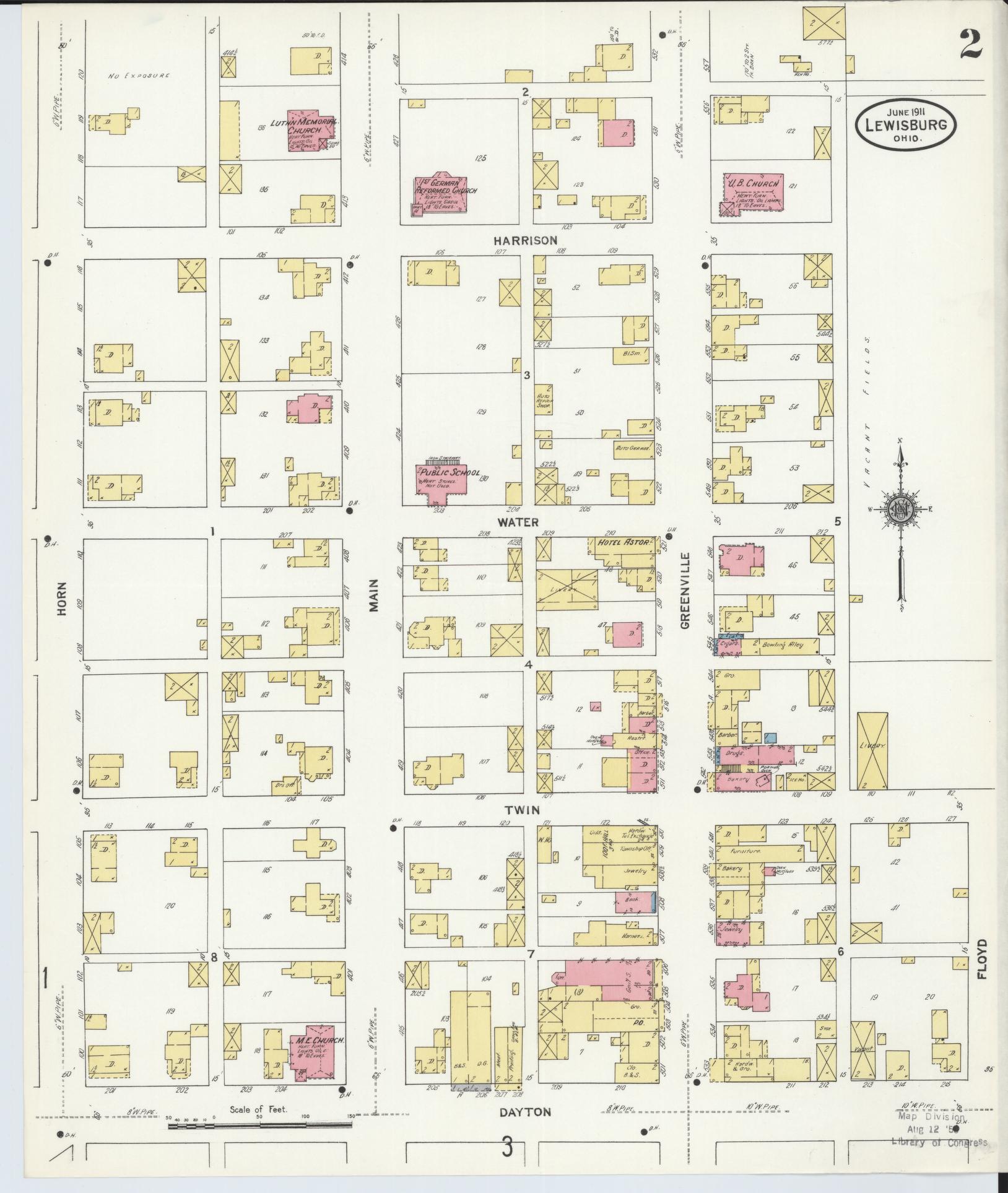 Sanborn Fire Insurance Map from Lewisburg, Preble County, Ohio (1911), Sheet #0002 - Historic Sanborn Fire Insurance Map Print, vintage old map wall art, antique decor, genealogy gift, Ohio Ohio map
