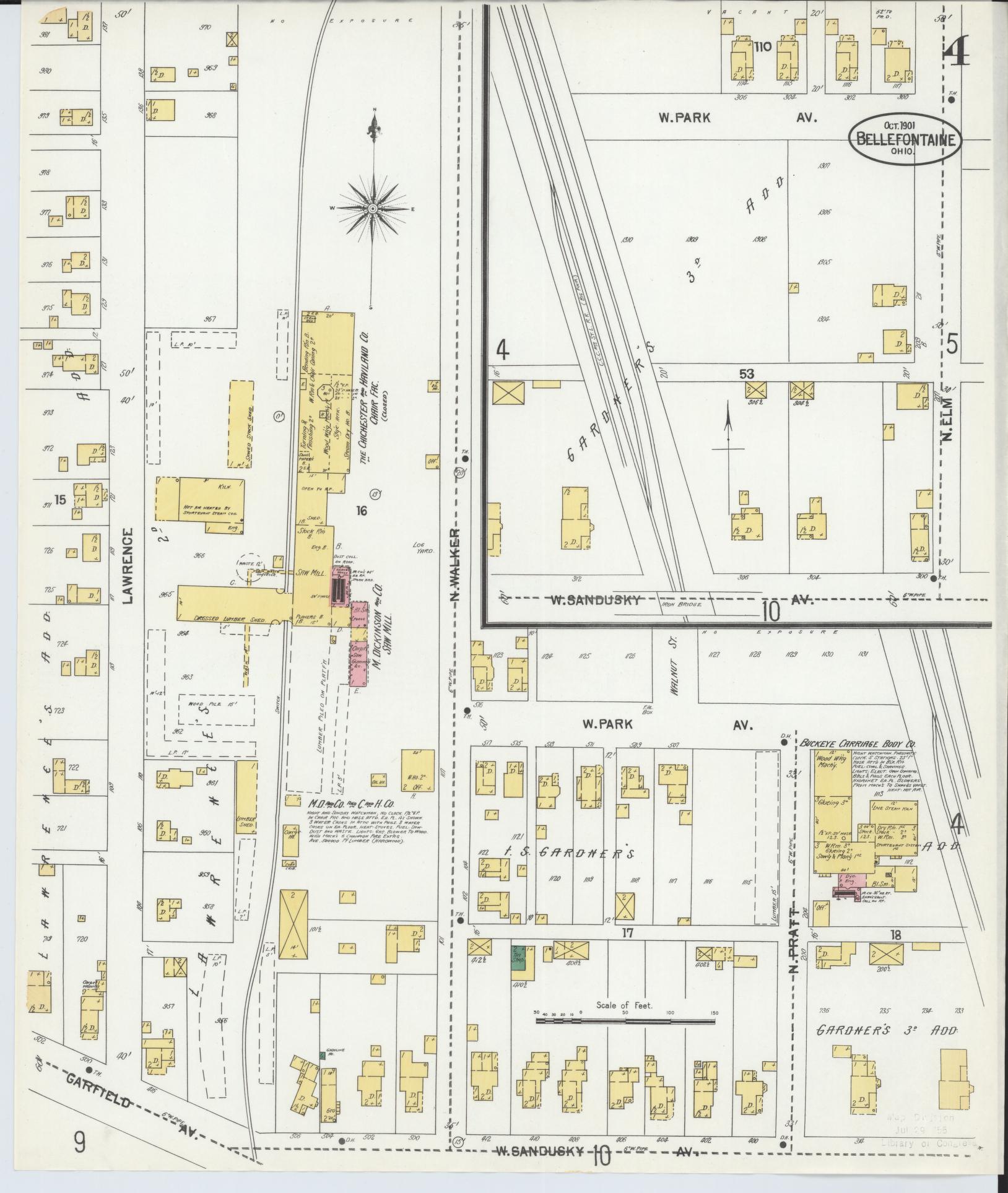Sanborn Fire Insurance Map from Bellefontaine, Logan County, Ohio (1901), Sheet #0004 - Historic Sanborn Fire Insurance Map Print, vintage old map wall art, antique decor, genealogy gift, Ohio Ohio map