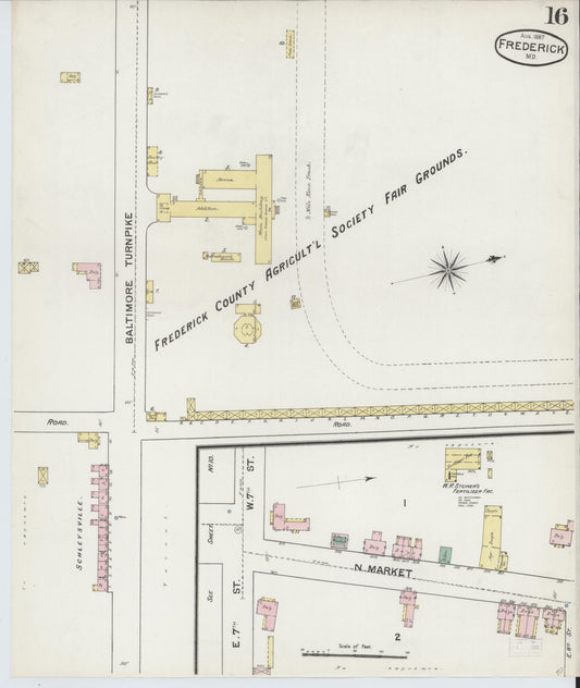 Frederick, Maryland - 1887 - Sanborn Fire Insurance Map, Sheet #0016 - Historic Sanborn Fire Insurance Map Print, Frederick Maryland 1887 0016 vintage old map wall art
