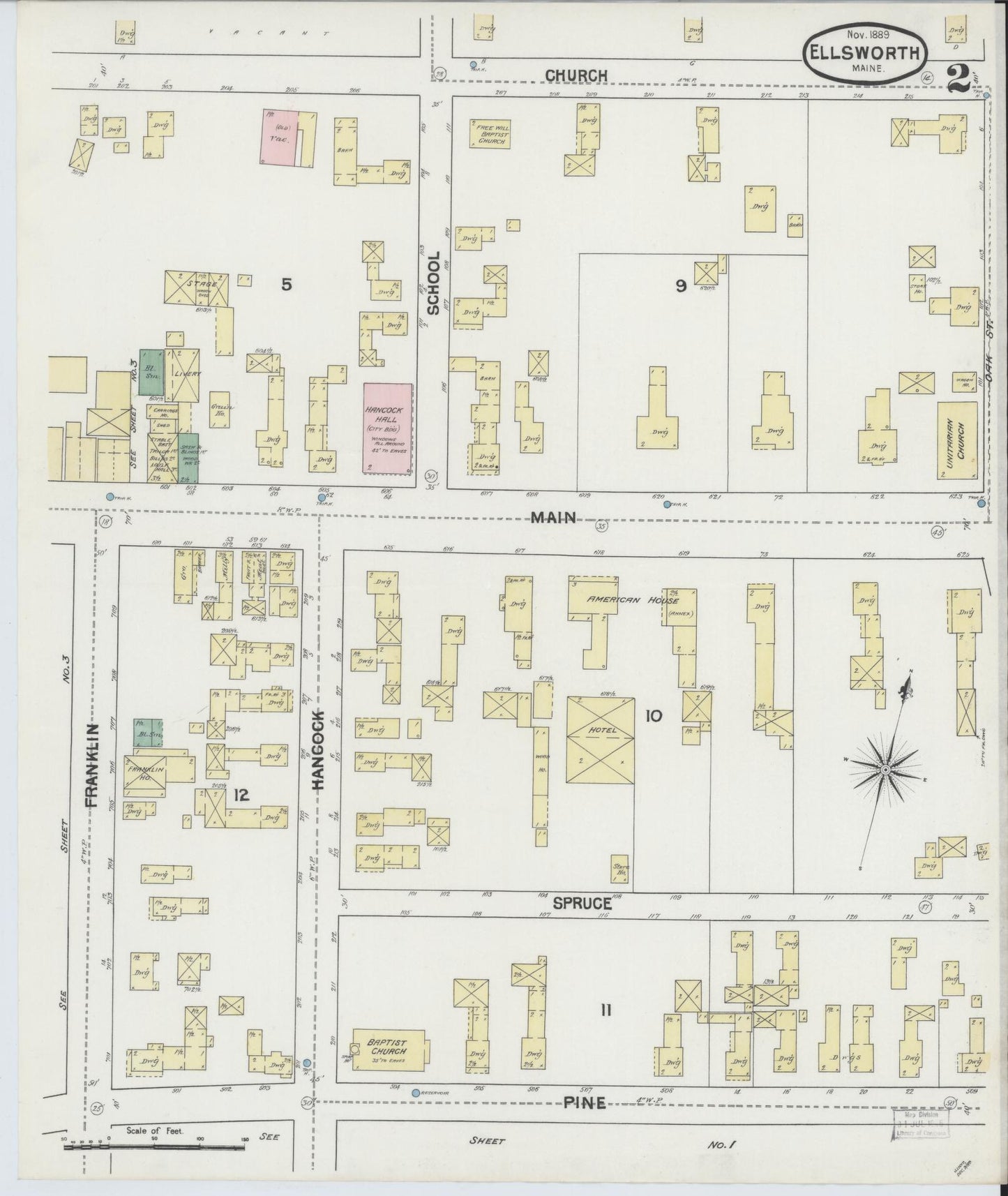 Sanborn Fire Insurance Map from Ellsworth, Hancock County, Maine (1889), Sheet #0002 - Complete Map Set gallery image, historic Sanborn map, vintage wall art, Maine Maine