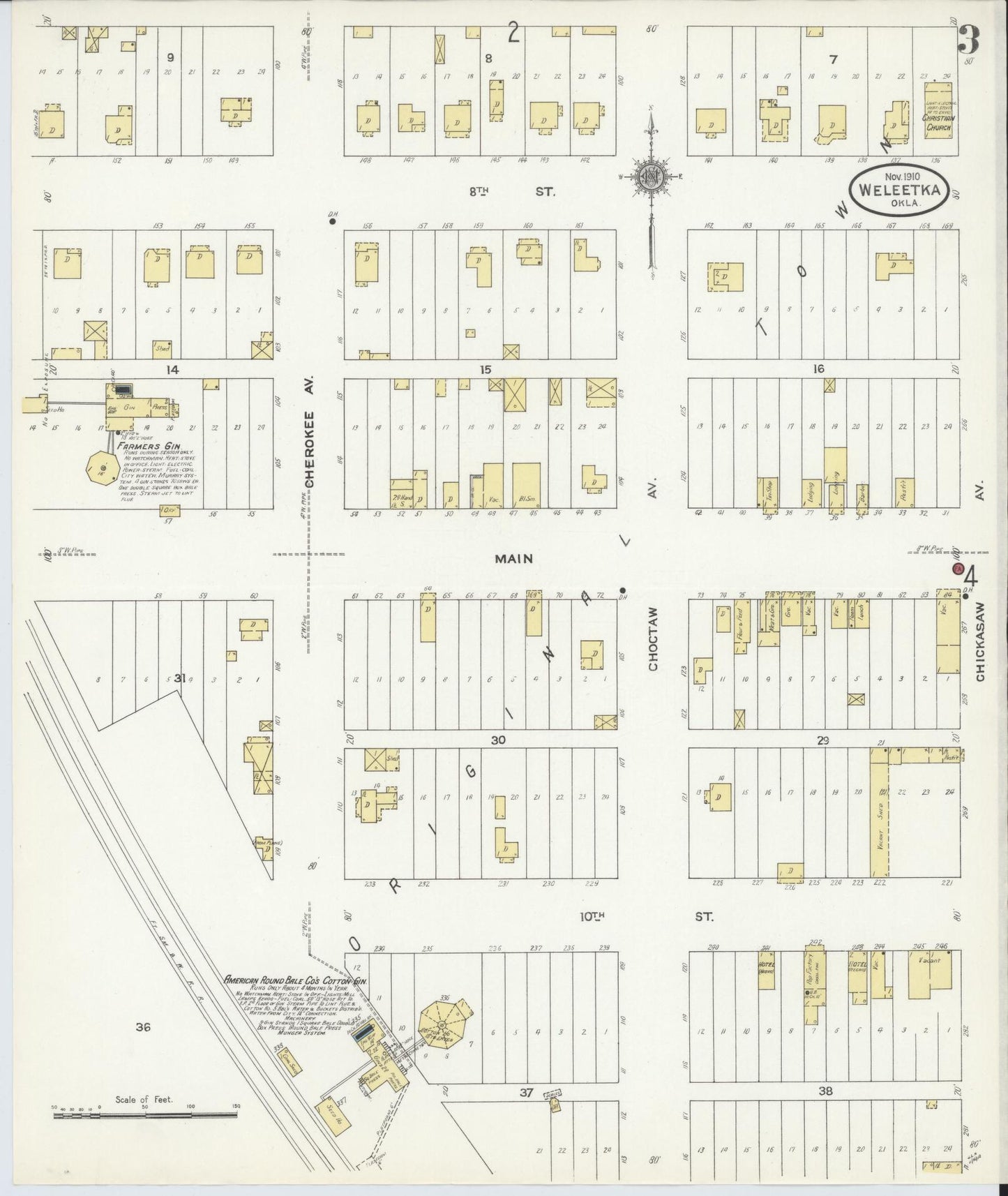 Sanborn Fire Insurance Map from Weleetka, Okfuskee County, Oklahoma (1910), Sheet #0003 - Complete Map Set gallery image, historic Sanborn map, vintage wall art, Oklahoma Oklahoma