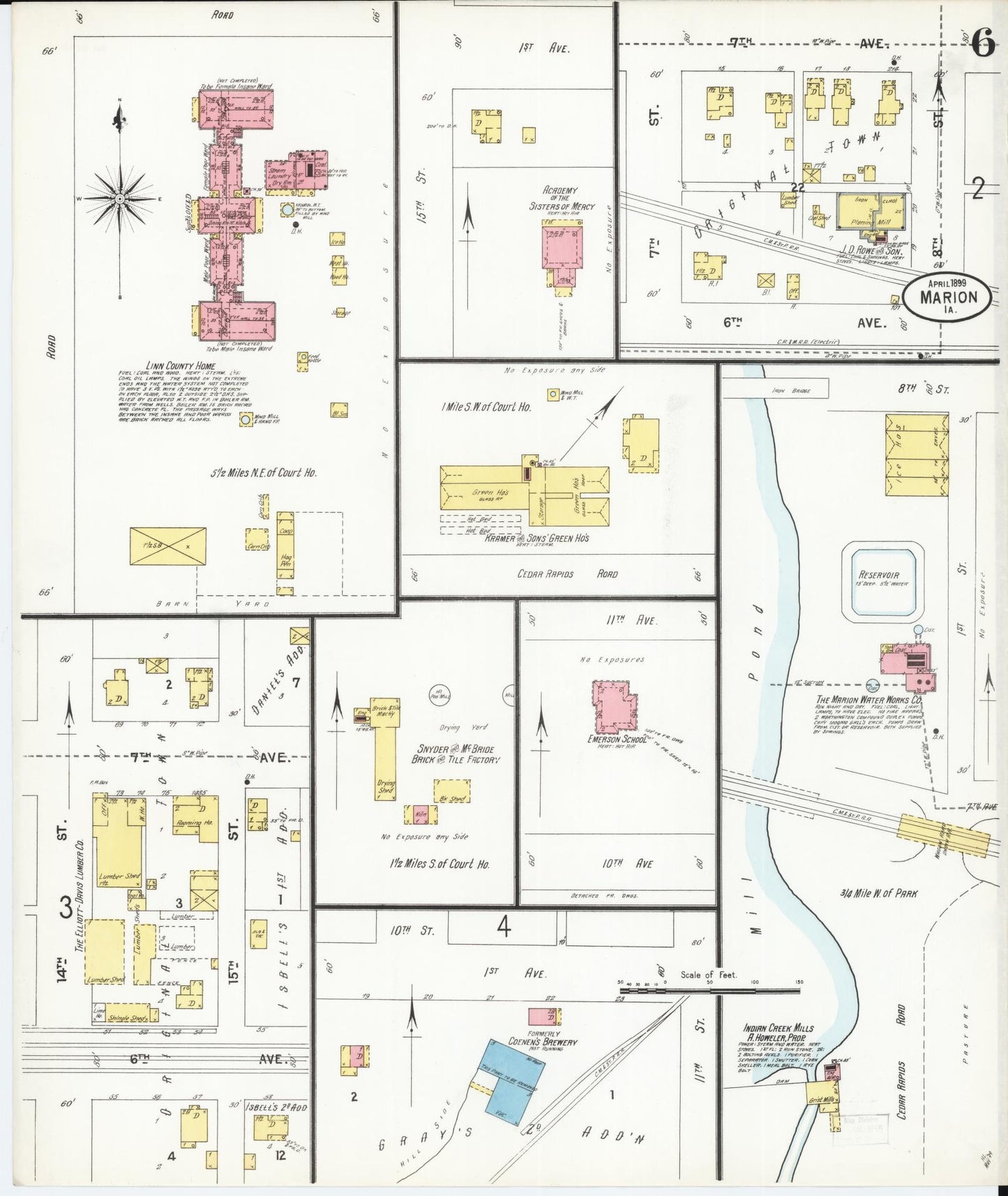 Sanborn Fire Insurance Map from Marion, Linn County, Iowa (1899), Sheet #0006 - Historic Sanborn Fire Insurance Map Print, vintage old map wall art