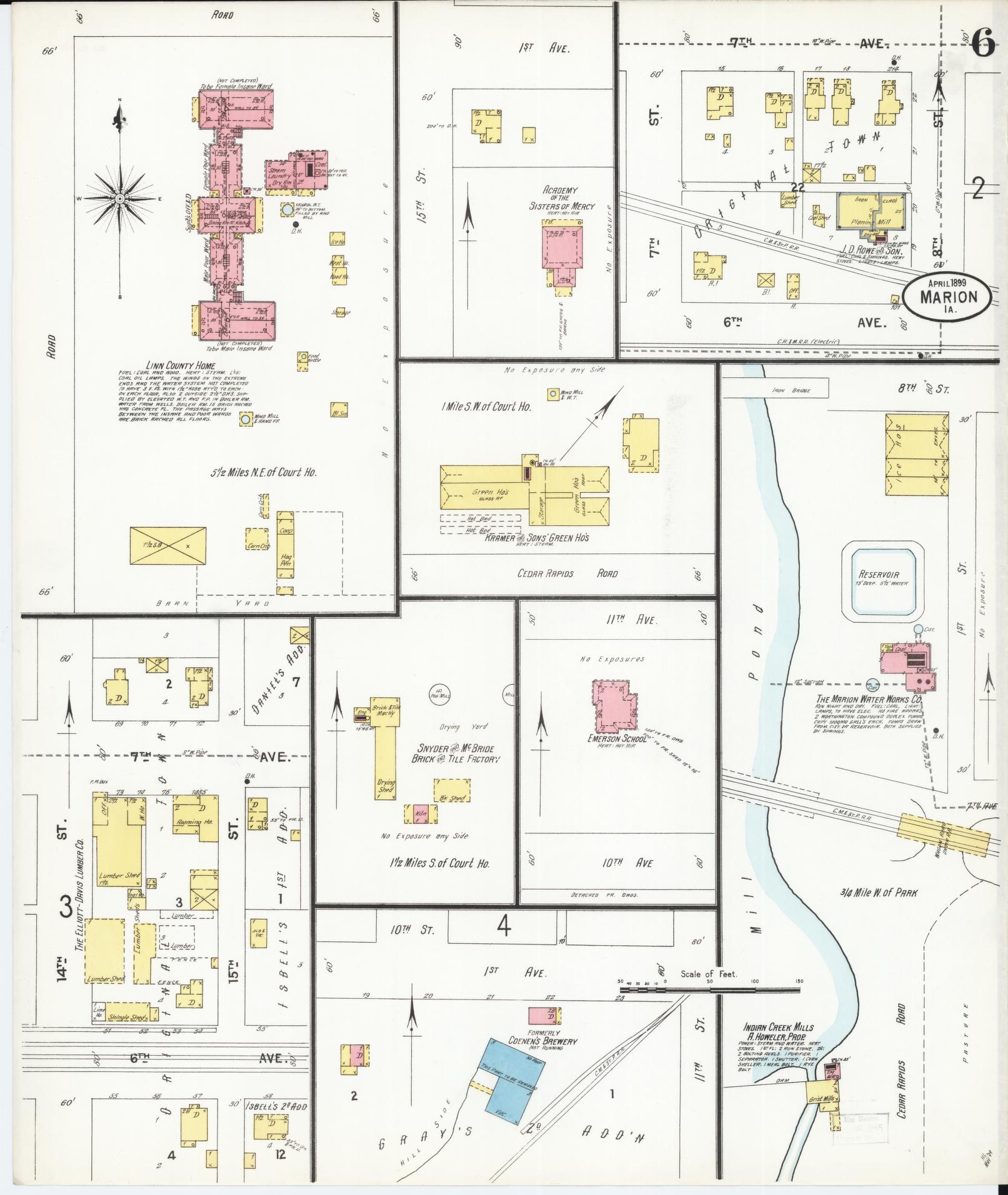 Sanborn Fire Insurance Map from Marion, Linn County, Iowa (1899), Sheet #0006 - Historic Sanborn Fire Insurance Map Print, vintage old map wall art
