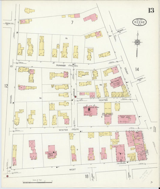 Sanborn Fire Insurance Map from Keene, Cheshire County, New Hampshire (1913), Sheet #0013 - Historic Sanborn Fire Insurance Map Print, vintage old map wall art, antique decor, genealogy gift, New Hampshire New Hampshire map
