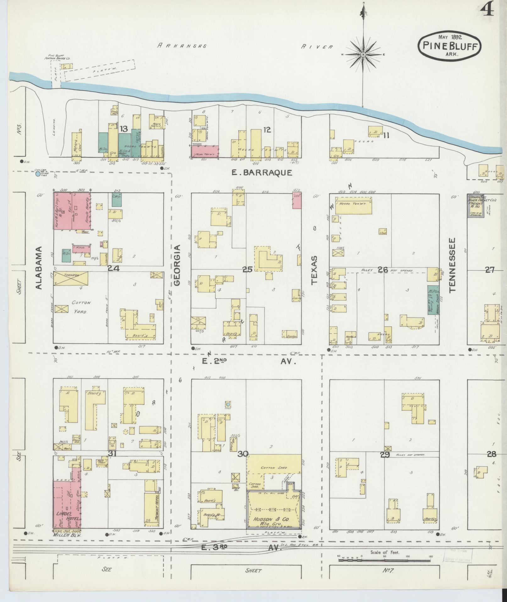 Sanborn Fire Insurance Map from Pine Bluff, Jefferson County, Arkansas (1892), Sheet #0004 - Complete Map Set gallery image, historic Sanborn map, vintage wall art, Arkansas Arkansas