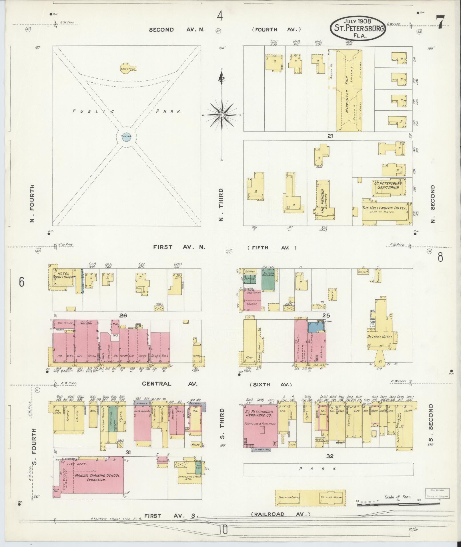 Sanborn Fire Insurance Map from Saint Petersburg, Pinellas County, Florida (1908), Sheet #0007 - Historic Sanborn Fire Insurance Map Print, vintage old map wall art, antique decor, genealogy gift, Florida Florida map