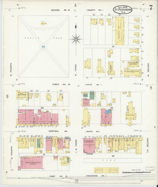 Sanborn Fire Insurance Map from Saint Petersburg, Pinellas County, Florida (1908), Sheet #0007 - Historic Sanborn Fire Insurance Map Print, vintage old map wall art, antique decor, genealogy gift, Florida Florida map