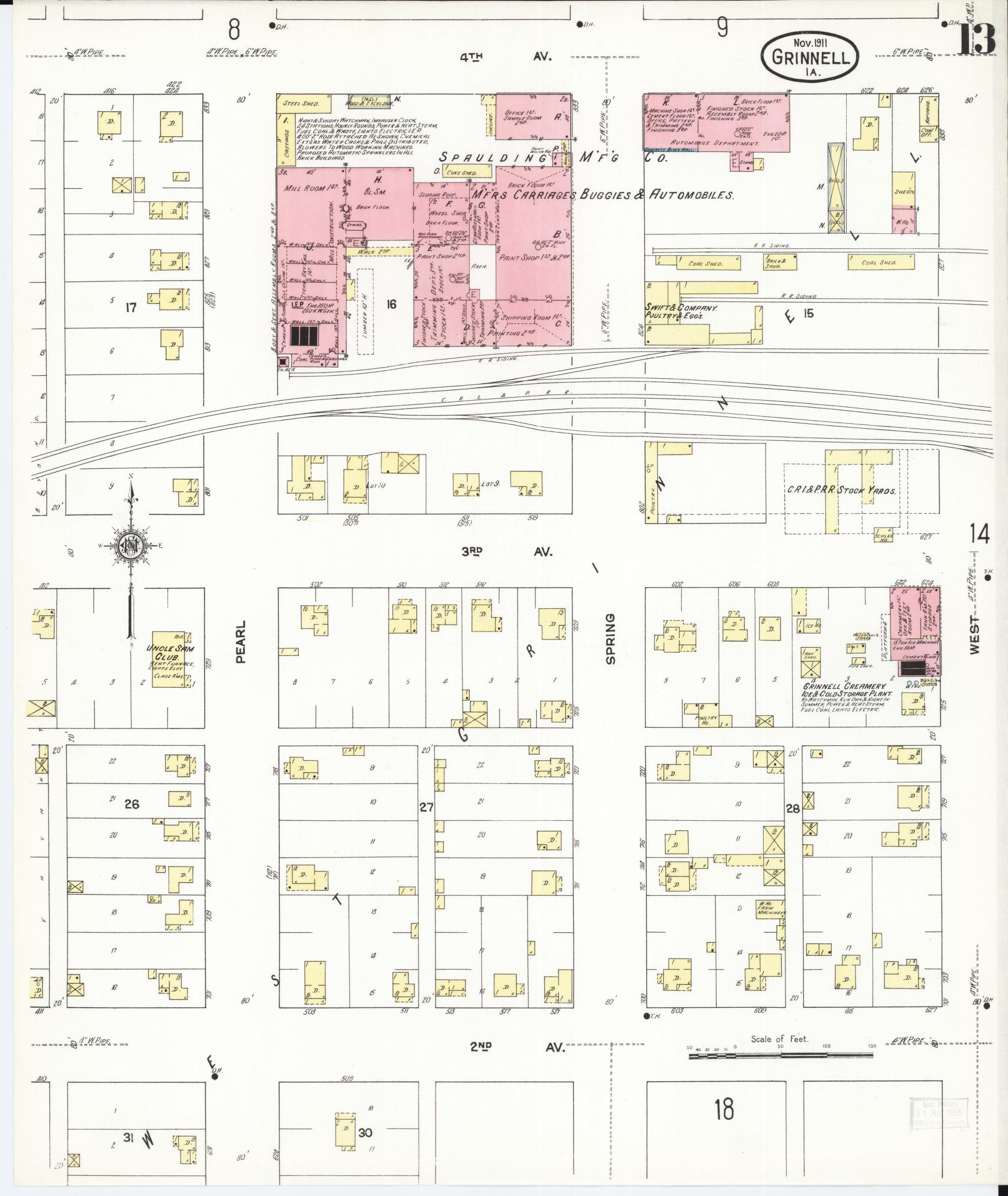 Sanborn Fire Insurance Map from Grinnell, Poweshiek County, Iowa (1911), Sheet #0013 - Historic Sanborn Fire Insurance Map Print, vintage old map wall art