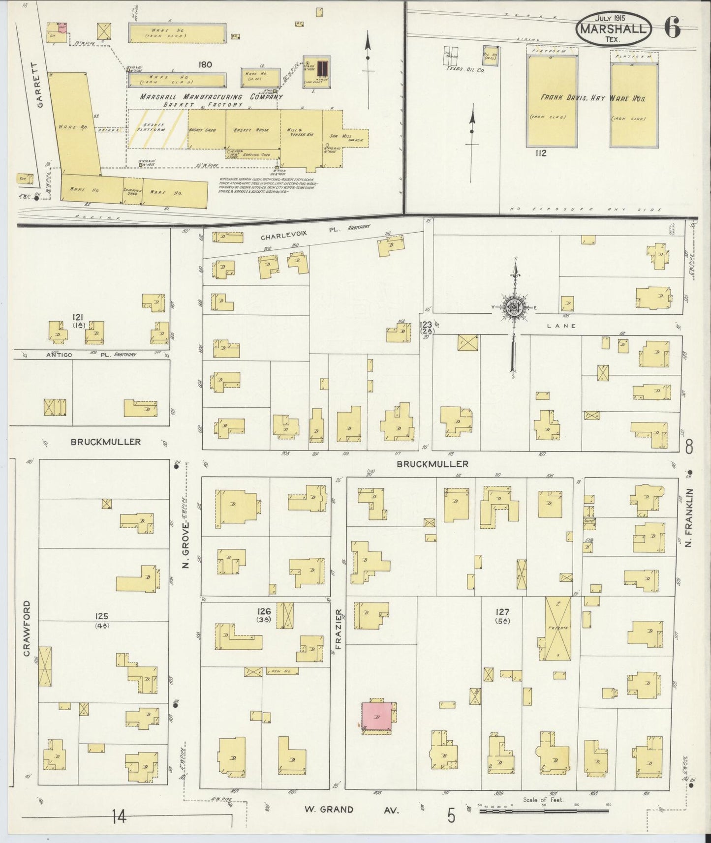 Sanborn Fire Insurance Map from Marshall, Harrison County, Texas (1915), Sheet #0006 - Complete Map Set gallery image, historic Sanborn map, vintage wall art, Texas Texas