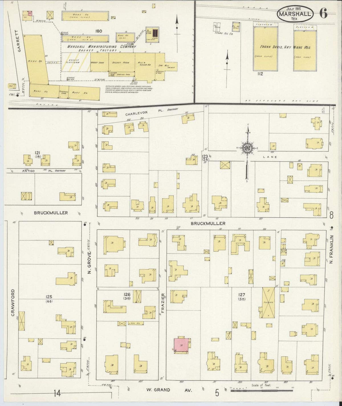 Sanborn Fire Insurance Map from Marshall, Harrison County, Texas (1915), Sheet #0006 - Complete Map Set gallery image, historic Sanborn map, vintage wall art, Texas Texas