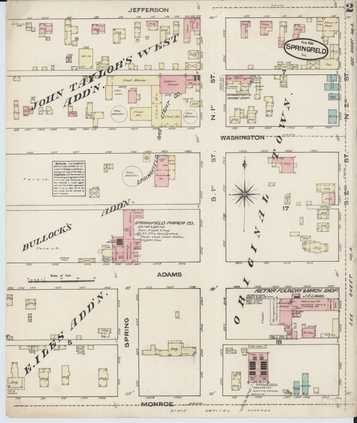 Sanborn Fire Insurance Map from Springfield, Sangamon County, Illinois (1884), Sheet #0002 - Historic Sanborn Fire Insurance Map Print, vintage old map wall art, antique decor, genealogy gift, Illinois Illinois map