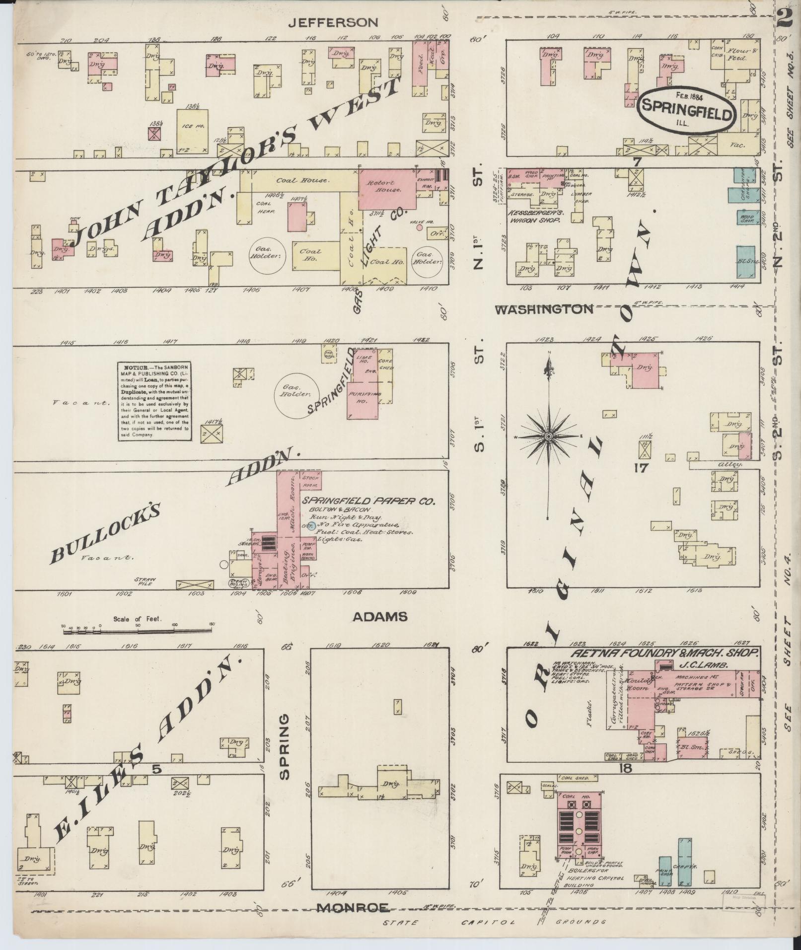 Sanborn Fire Insurance Map from Springfield, Sangamon County, Illinois (1884), Sheet #0002 - Historic Sanborn Fire Insurance Map Print, vintage old map wall art, antique decor, genealogy gift, Illinois Illinois map