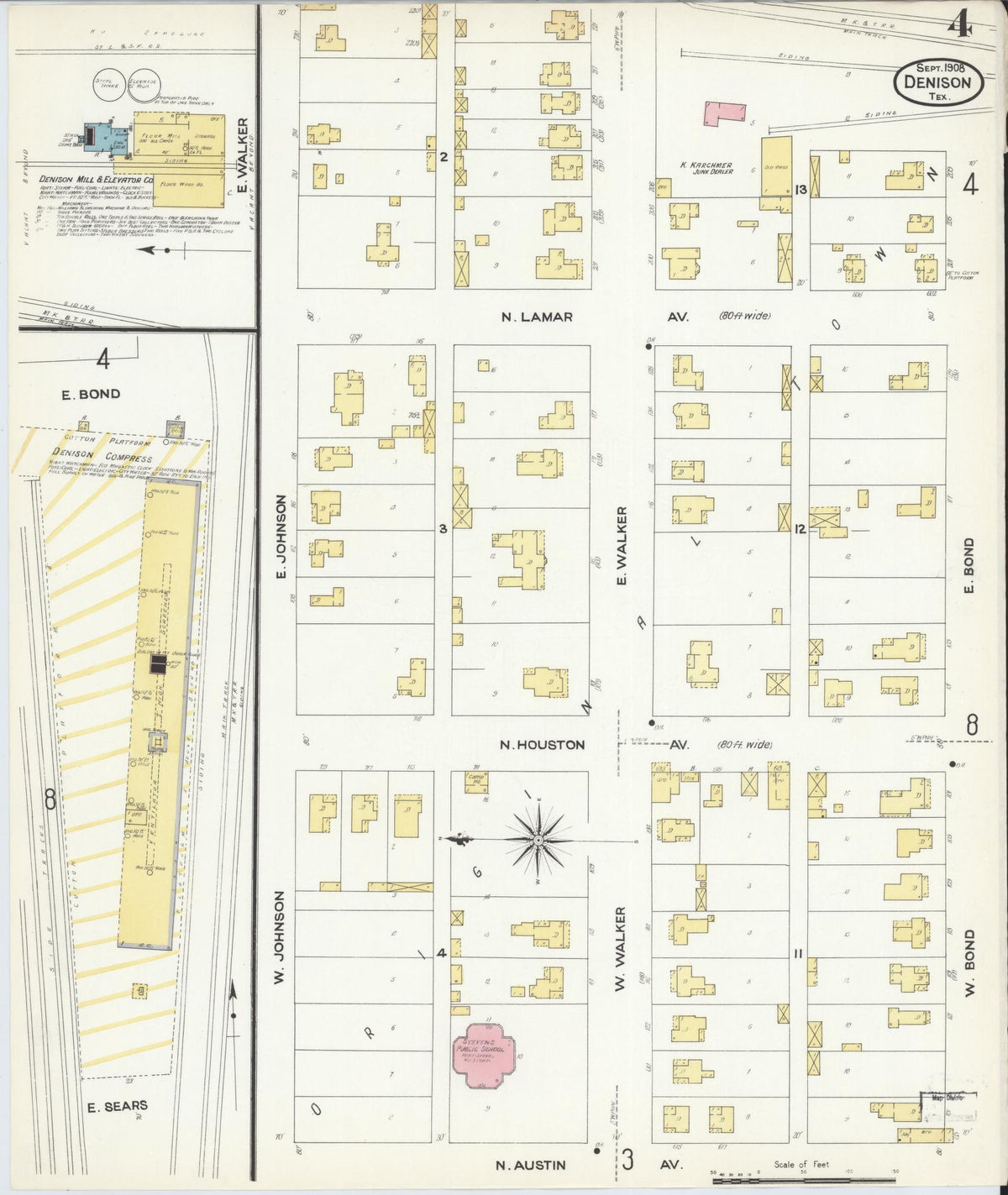 Sanborn Fire Insurance Map from Denison, Grayson County, Texas (1908), Sheet #0004 - Complete Map Set gallery image, historic Sanborn map, vintage wall art, Texas Texas