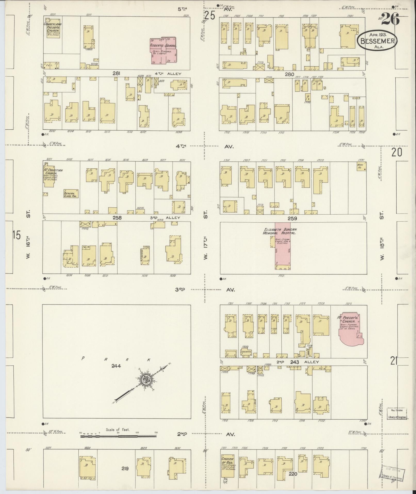 Sanborn Fire Insurance Map from Bessemer, Jefferson County, Alabama (1913), Sheet #0026 - Complete Map Set gallery image, historic Sanborn map, vintage wall art, Alabama Alabama