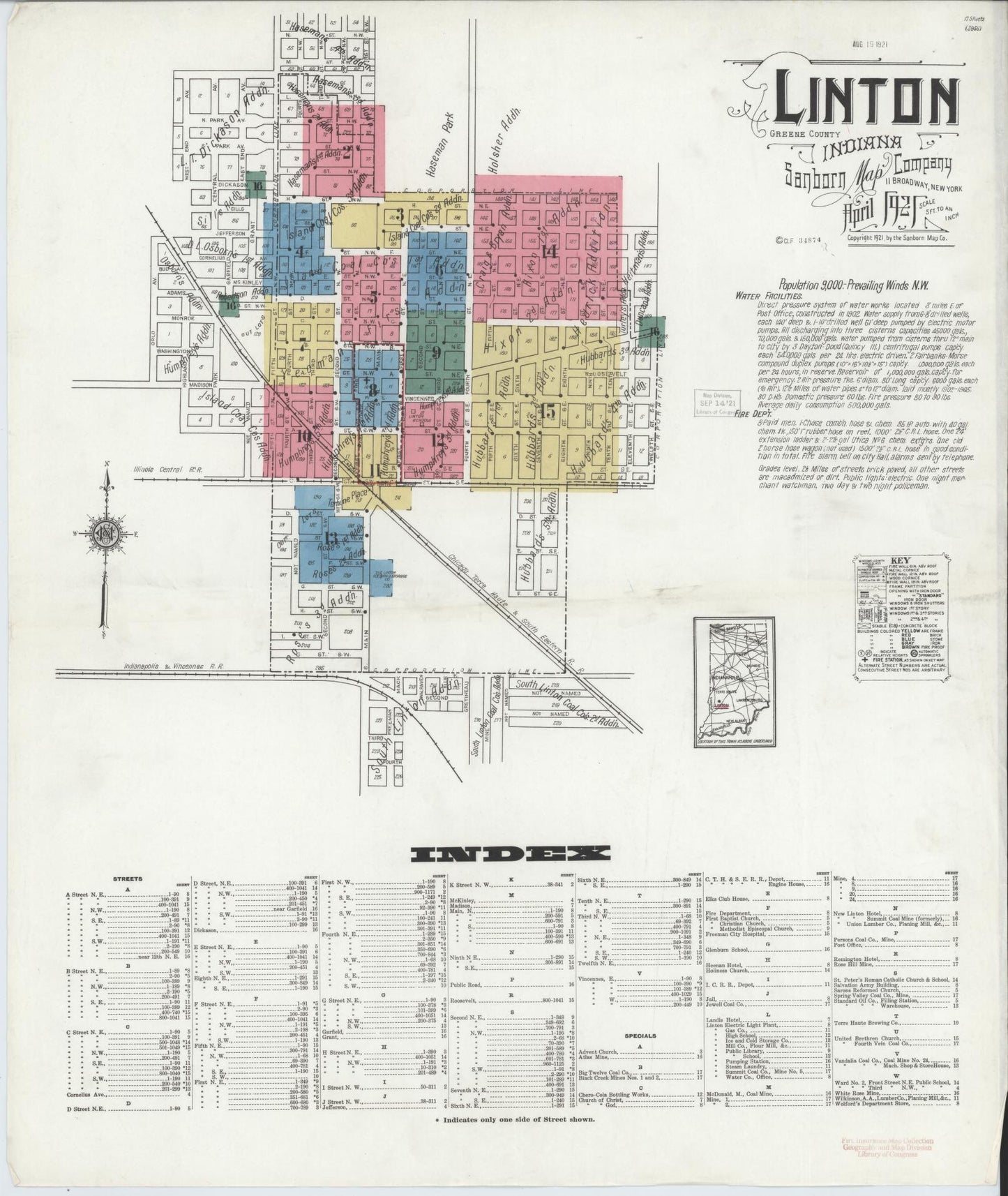 Sanborn Fire Insurance Map from Linton, Greene County, Indiana (1921), Sheet #0001 - Complete Map Set gallery image, historic Sanborn map, vintage wall art, Indiana Indiana