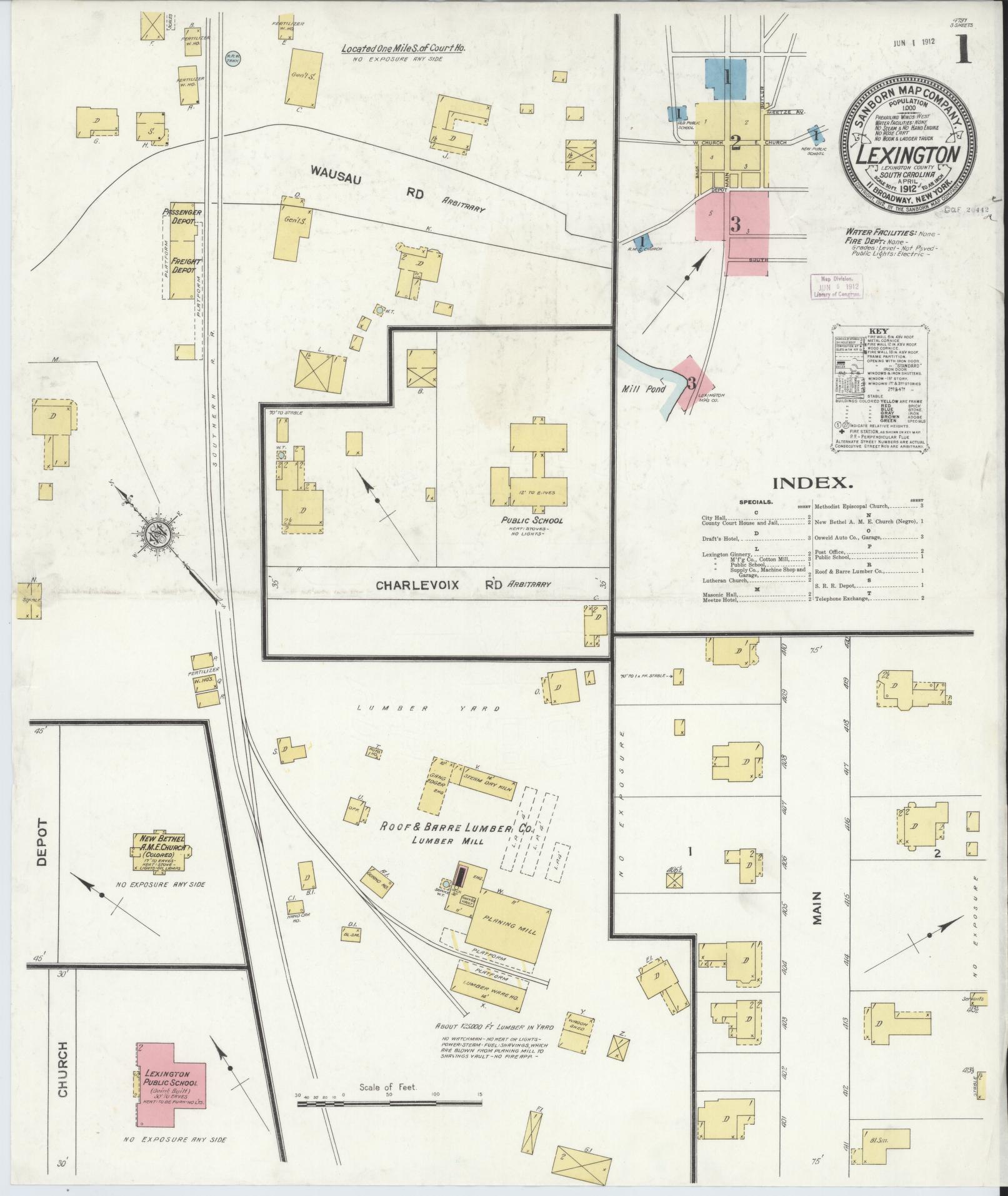 Sanborn Fire Insurance Map from Lexington, Lexington County, South Carolina (1912), Sheet #0001 - Complete Map Set gallery image, historic Sanborn map, vintage wall art, South Carolina South Carolina