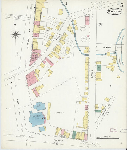 Sanborn Fire Insurance Map from Morristown, Morris County, New Jersey (1909), Sheet #0005 - Historic Sanborn Fire Insurance Map Print, vintage old map wall art, antique decor, genealogy gift, New Jersey New Jersey map
