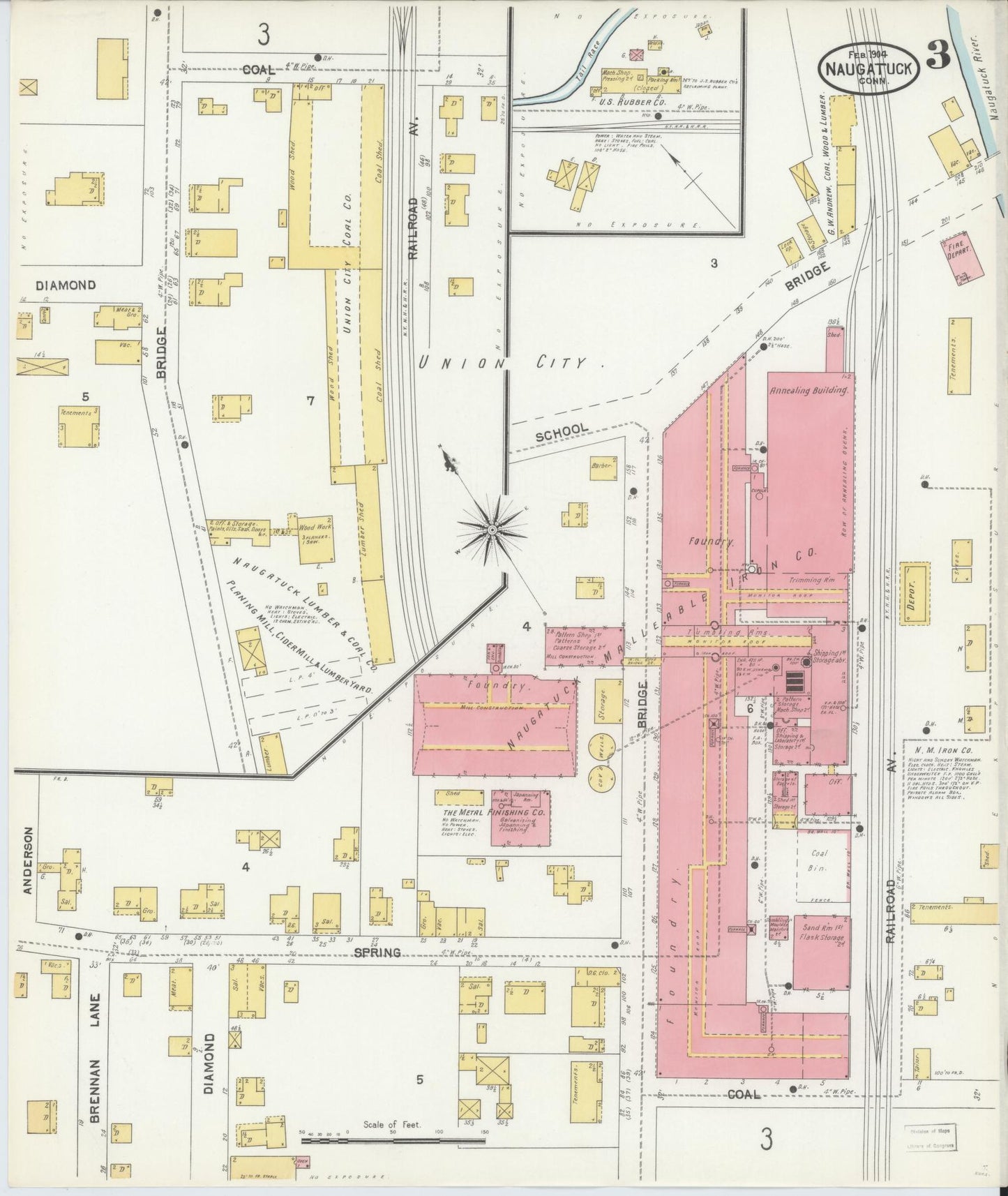 Sanborn Fire Insurance Map from Naugatuck, New Haven County, Connecticut (1904), Sheet #0003 - Complete Map Set gallery image, historic Sanborn map, vintage wall art, Connecticut Connecticut