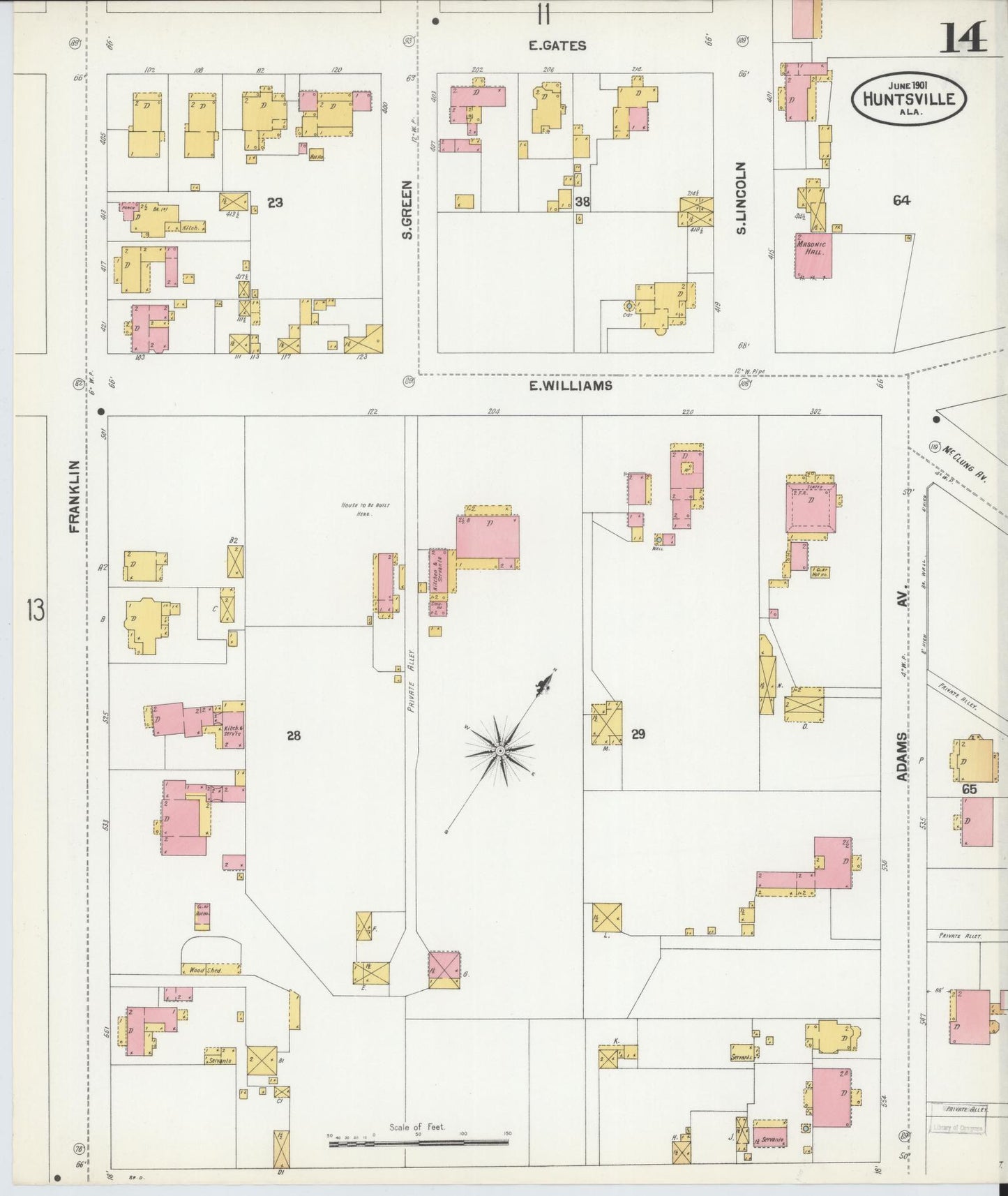 Sanborn Fire Insurance Map from Huntsville, Madison County, Alabama (1901), Sheet #0014 - Historic Sanborn Fire Insurance Map Print, vintage old map wall art, antique decor, genealogy gift, Alabama Alabama map