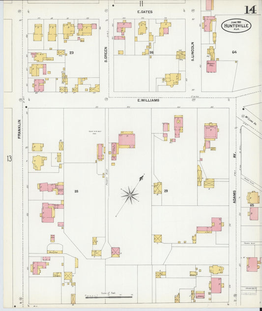 Sanborn Fire Insurance Map from Huntsville, Madison County, Alabama (1901), Sheet #0014 - Historic Sanborn Fire Insurance Map Print, vintage old map wall art, antique decor, genealogy gift, Alabama Alabama map