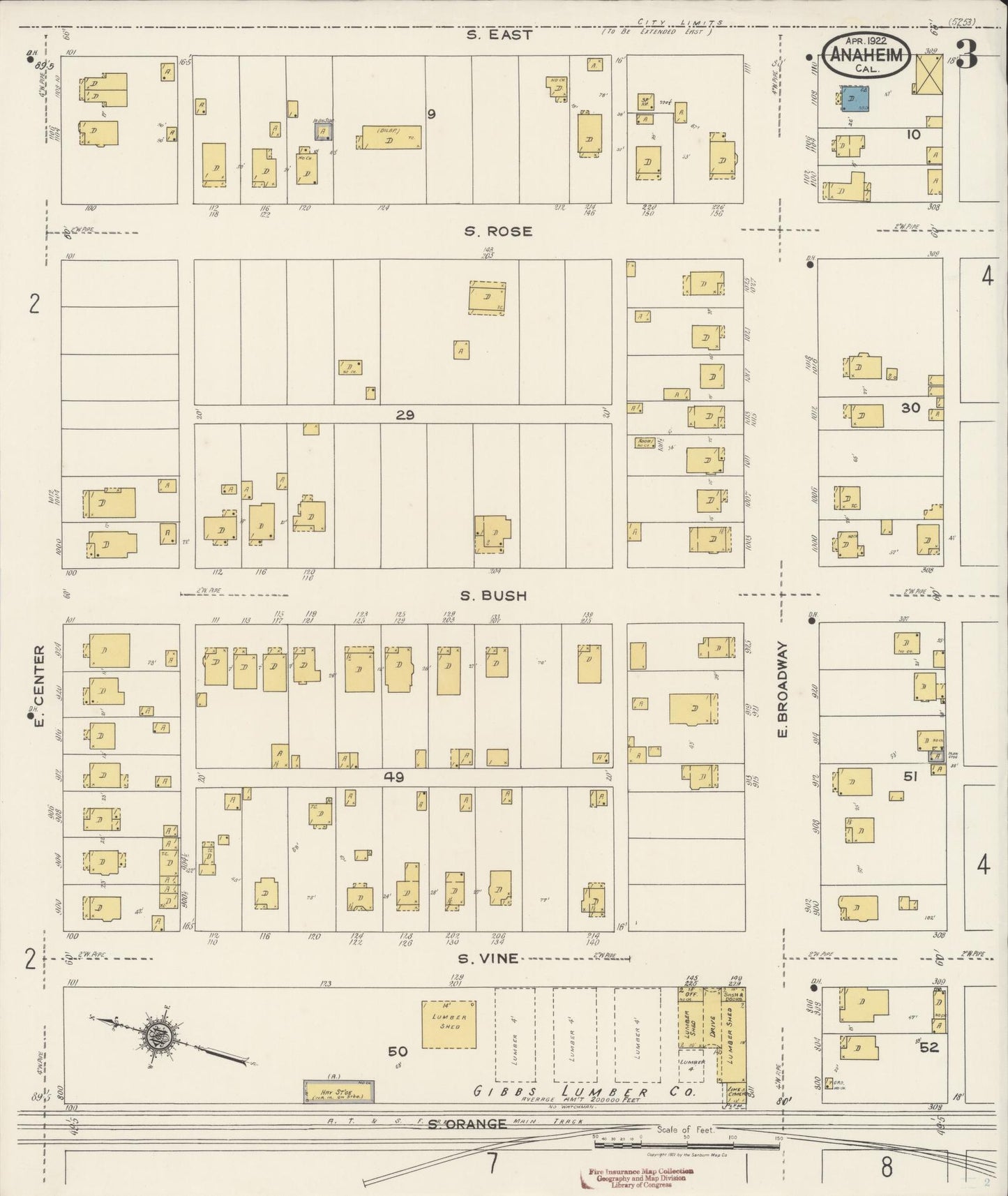 Sanborn Fire Insurance Map from Anaheim, Orange County, California (1922), Sheet #0003 - Historic Sanborn Fire Insurance Map Print, vintage old map wall art, antique decor, genealogy gift, California California map
