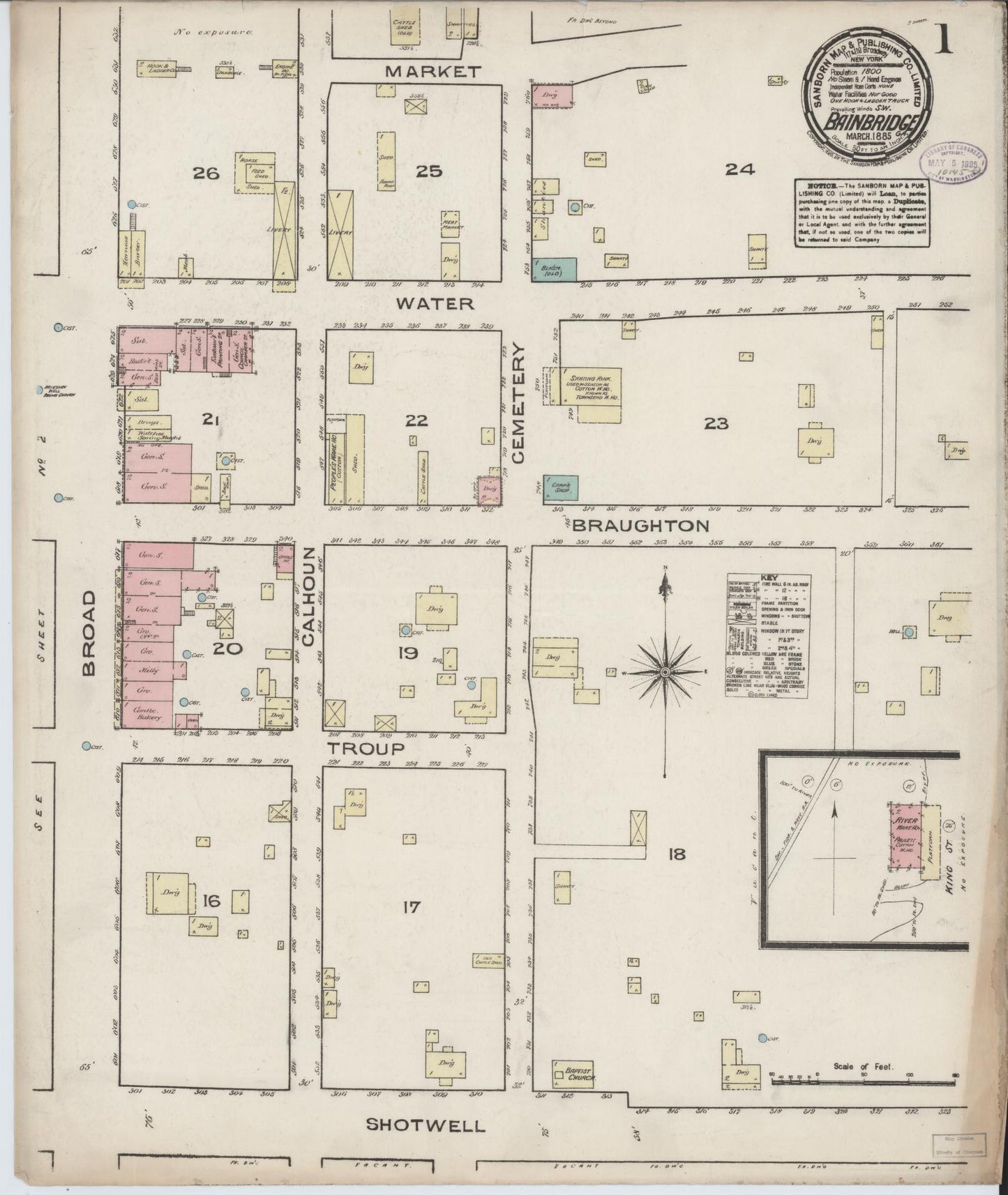 Sanborn Fire Insurance Map from Bainbridge, Decatur County, Georgia (1885), Sheet #0001 - Complete Map Set gallery image, historic Sanborn map, vintage wall art, Georgia Georgia