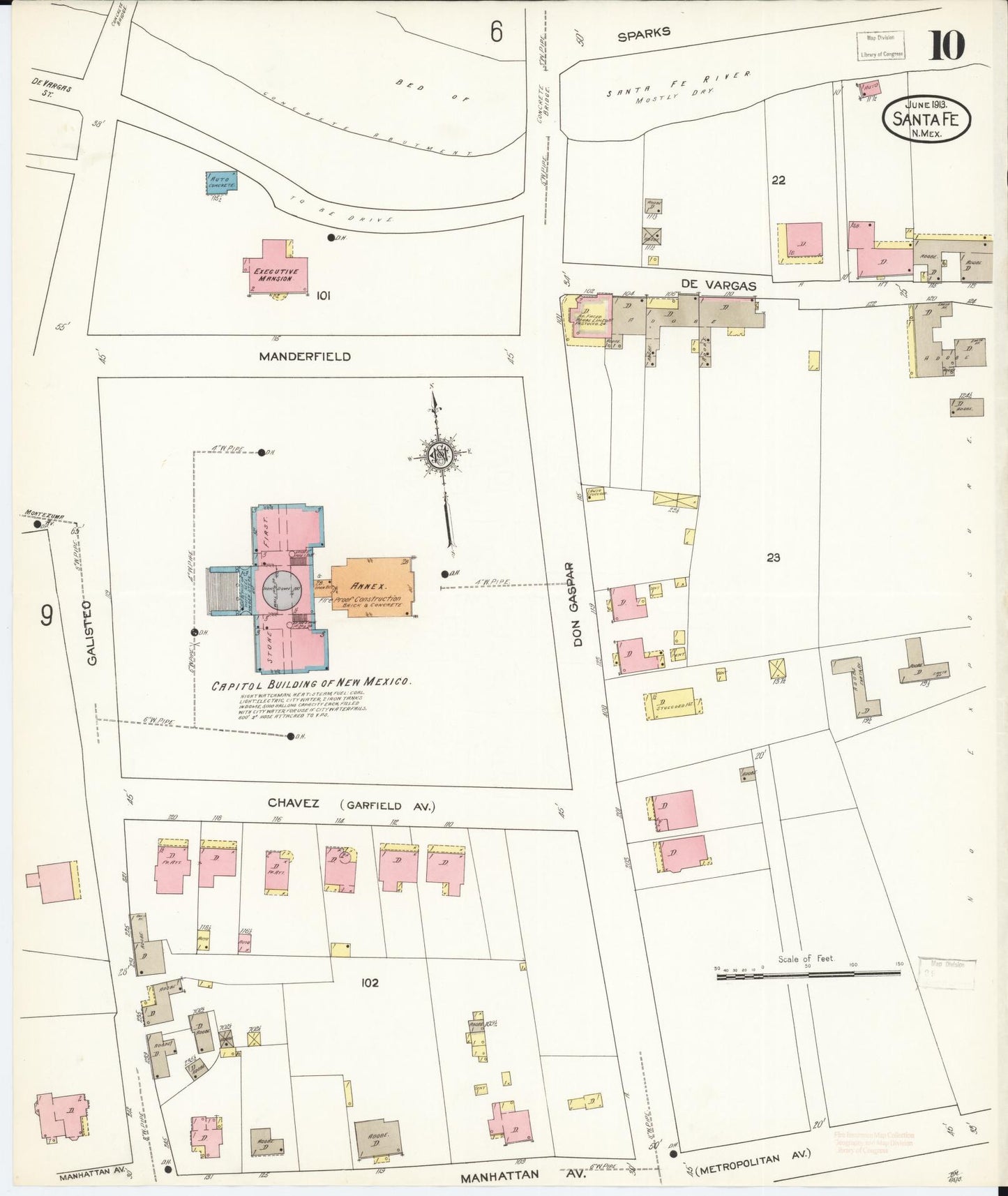Sanborn Fire Insurance Map from Santa Fe, Santa Fe County, New Mexico (1913), Sheet #0010 - Complete Map Set gallery image, historic Sanborn map, vintage wall art, New Mexico New Mexico