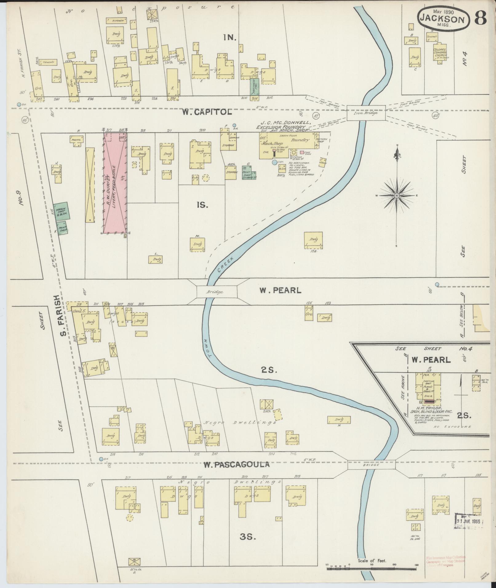 Sanborn Fire Insurance Map from Jackson, Hinds County, Mississippi (1890), Sheet #0008 - Historic Sanborn Fire Insurance Map Print, vintage old map wall art, antique decor, genealogy gift, Mississippi Mississippi map