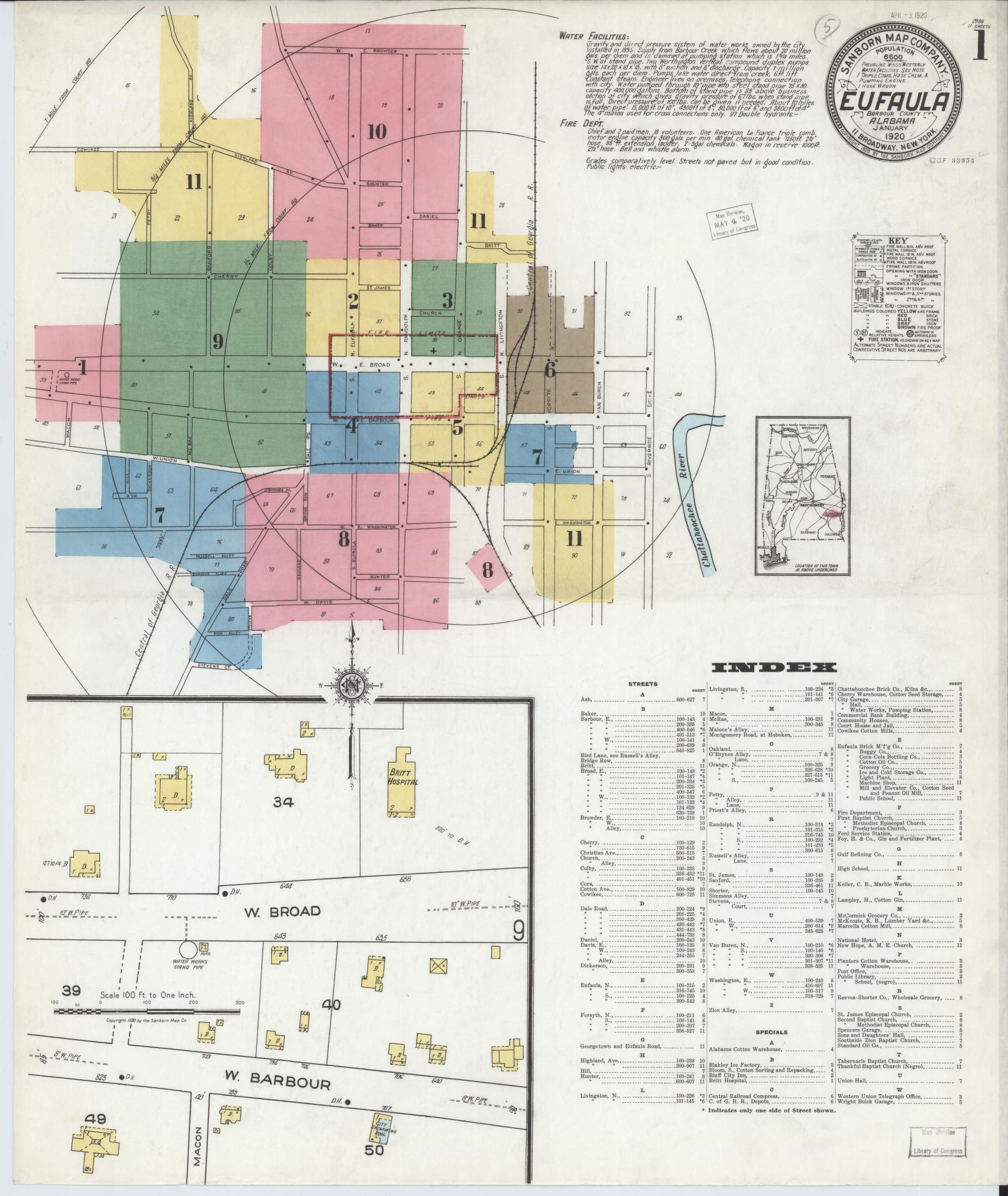 Sanborn Fire Insurance Map from Eufaula, Barbour County, Alabama (1920), Sheet #0001 - Historic Sanborn Fire Insurance Map Print, vintage old map wall art, antique decor, genealogy gift, Alabama Alabama map