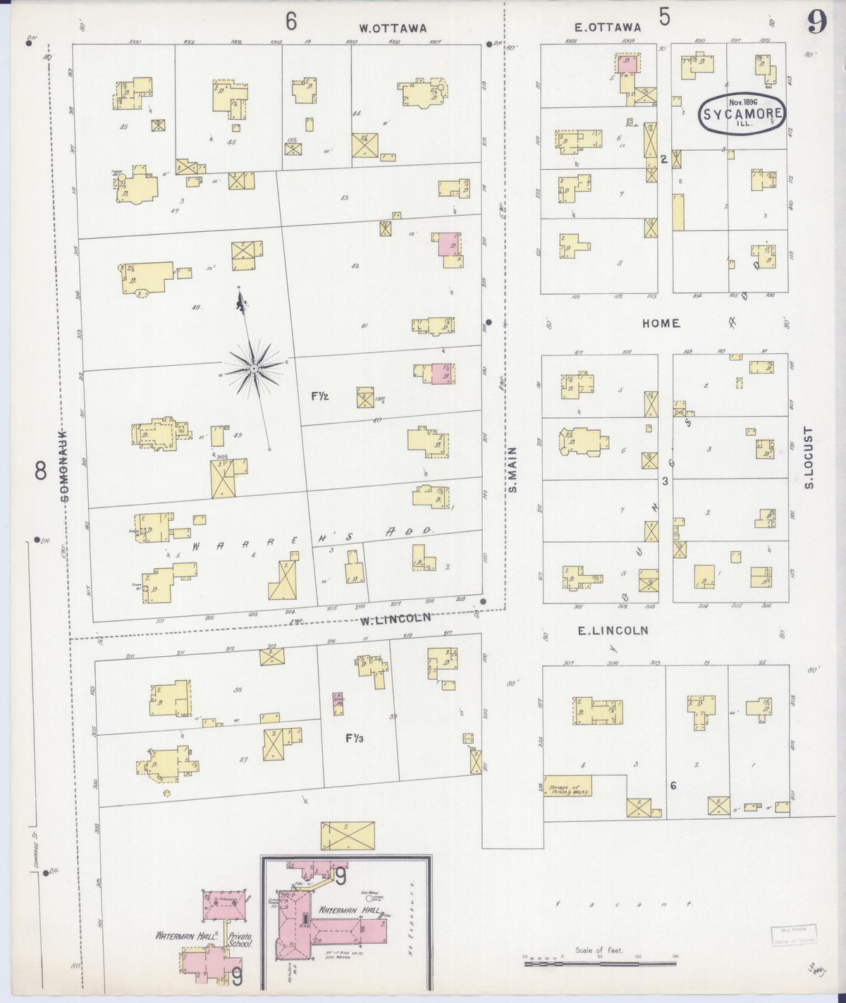 Sanborn Fire Insurance Map from Sycamore, De Kalb County, Illinois (1896), Sheet #0009 - Historic Sanborn Fire Insurance Map Print, vintage old map wall art, antique decor, genealogy gift, Illinois Illinois map