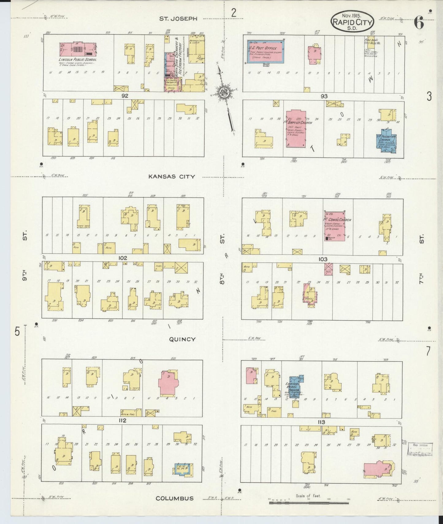 Sanborn Fire Insurance Map from Rapid City, Pennington County, South Dakota (1915), Sheet #0006 - Complete Map Set gallery image, historic Sanborn map, vintage wall art, South Dakota South Dakota